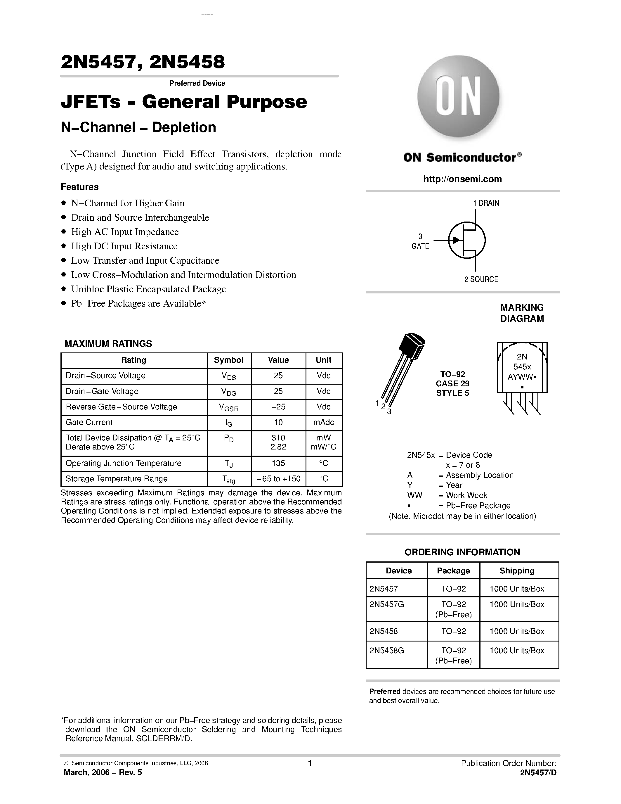 Datasheet 2N5457 - (2N5457 / 2N5458) JFETs - General Purpose N-Channel - Depletion page 1