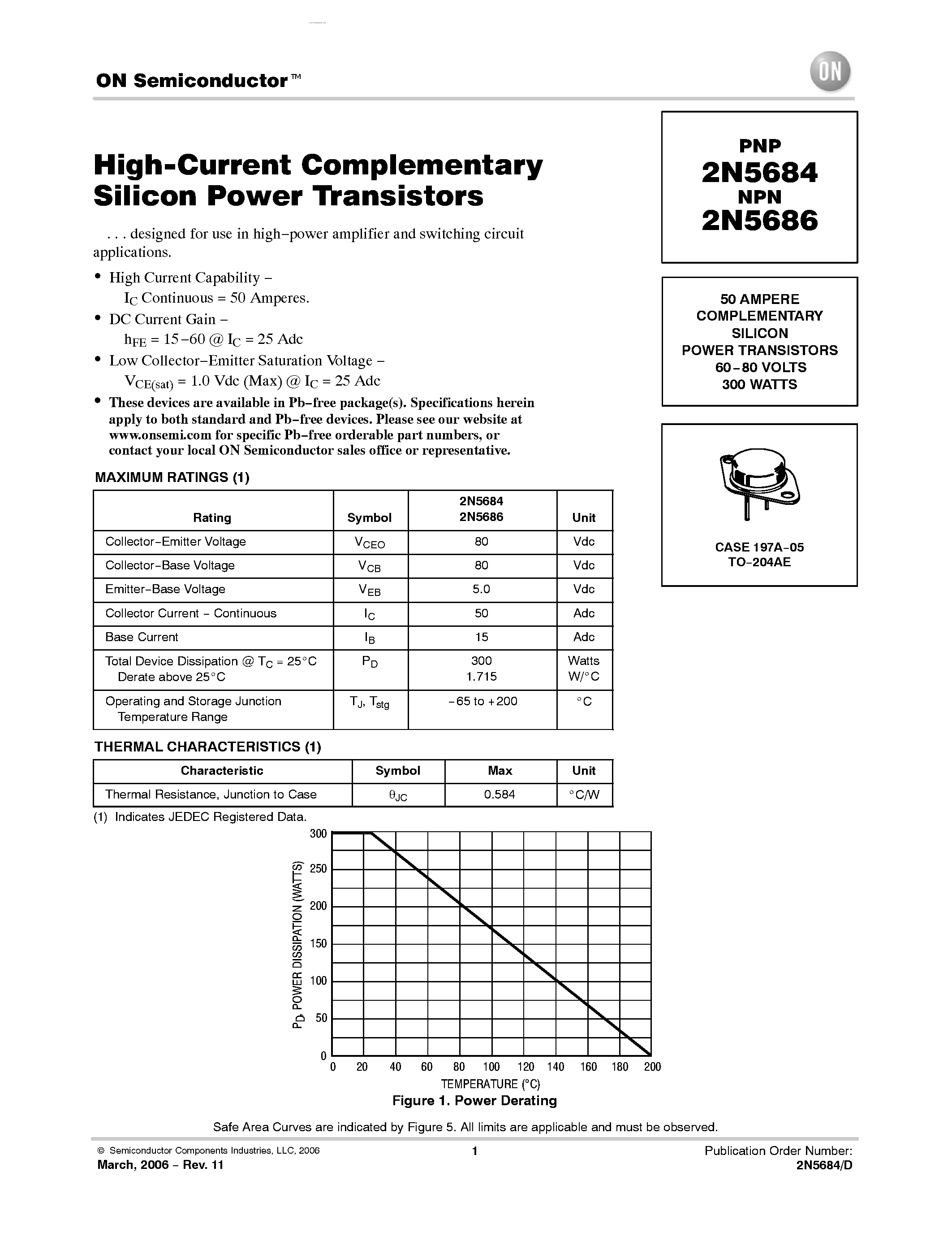 Даташит 2N5684 - (2N5684 / 2N5686) High-Current Complementary Silicon Power Transistors страница 1