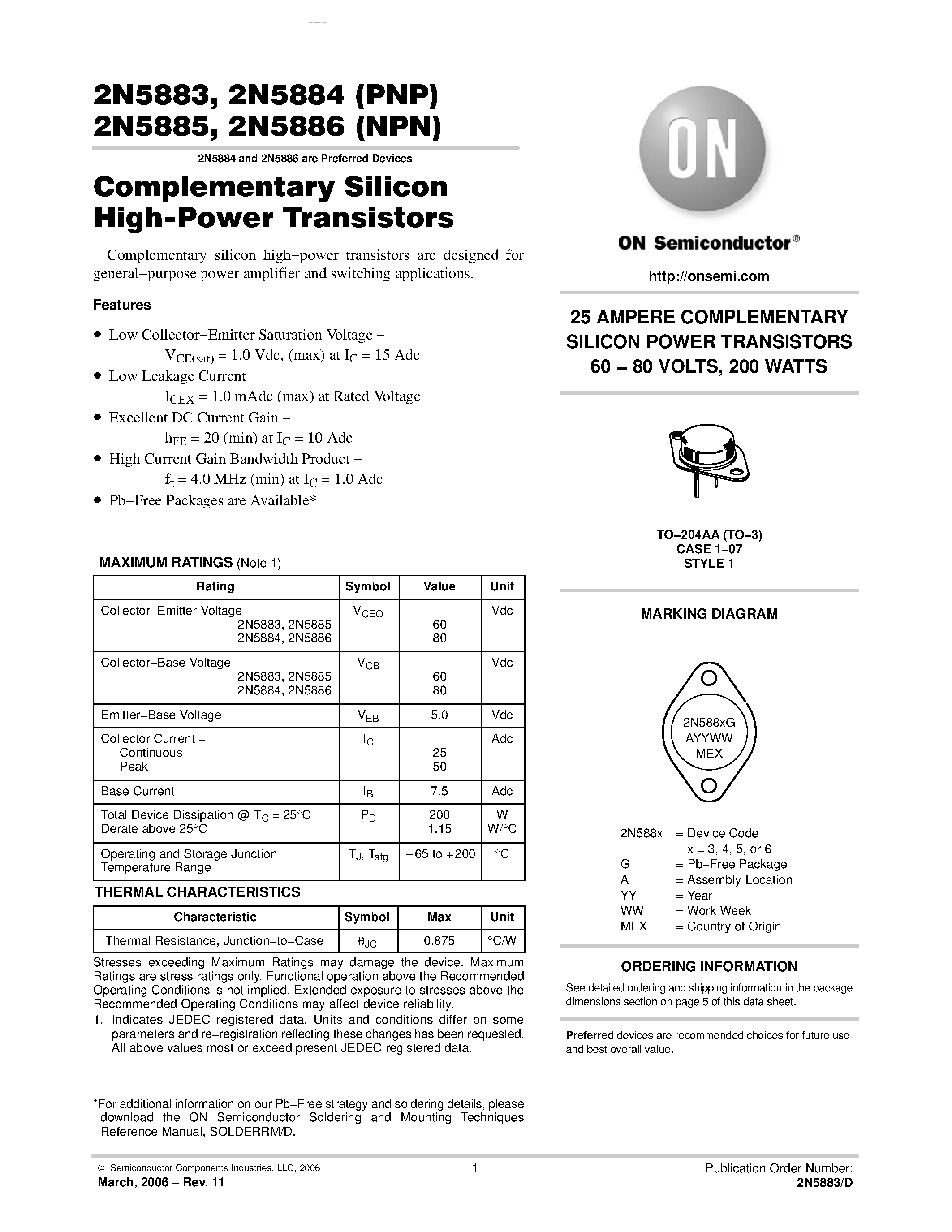 Даташит 2N5883 - (2N5883 - 2N5886) Complementary Silicon High-Power Transistors страница 1
