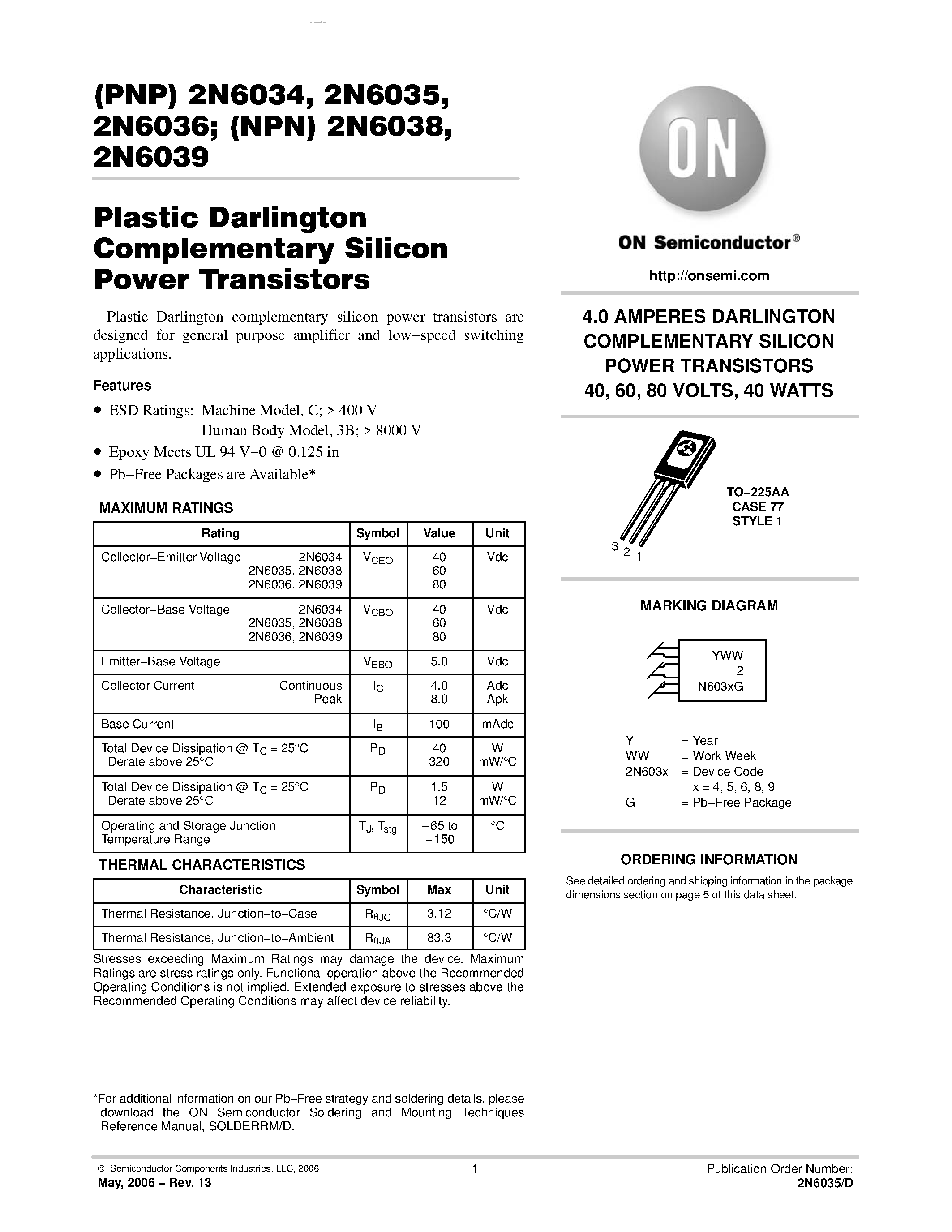 Даташит на микросхему 2N6034 страница 1 Даташит 2N6034 - (2N6034 - 2N6039) Plastic Darlington Complementary Silicon Power Transistors страница 1