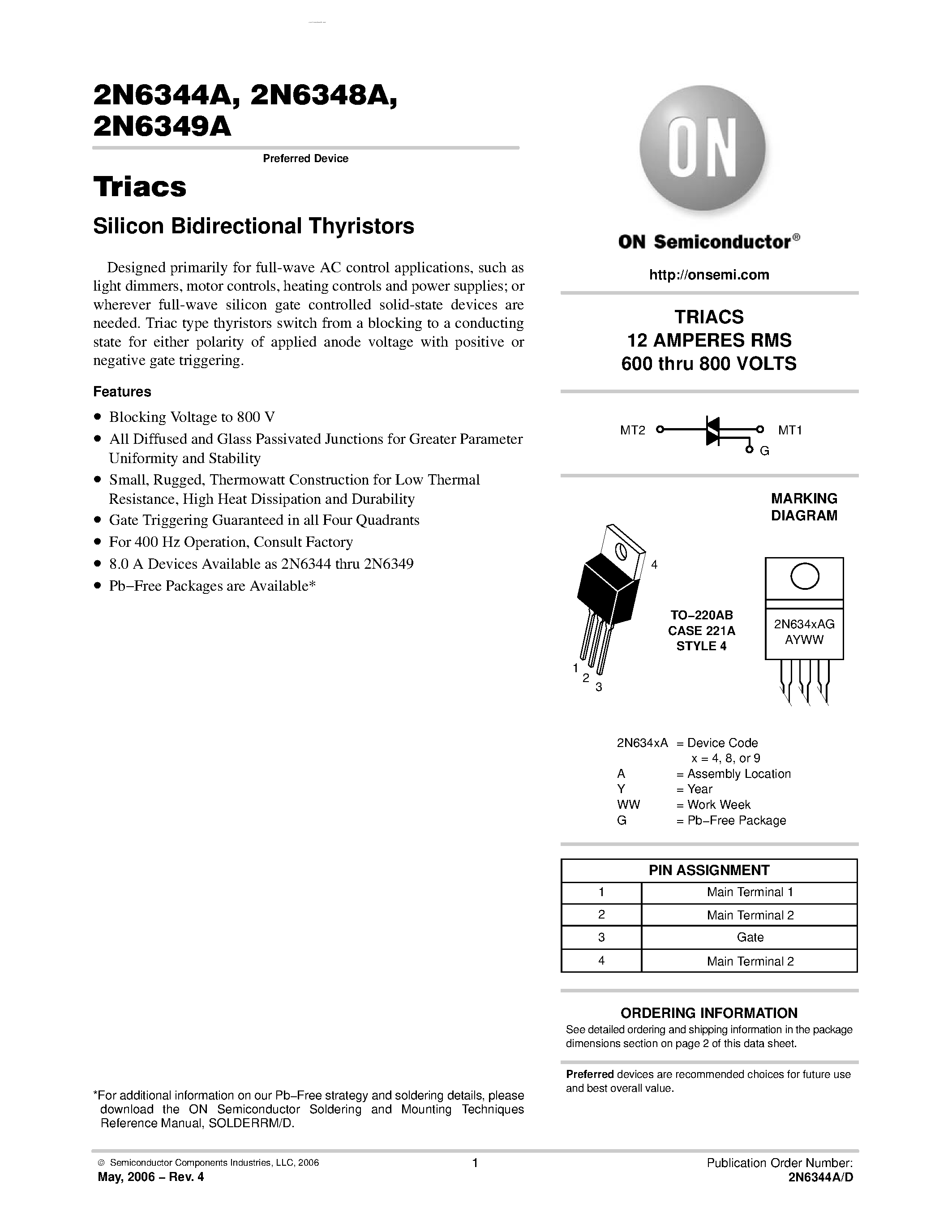 Datasheet 2N6344A - (2N6344A - 2N6349A) Triacs Silicon Bidirectional Thyristors page 1