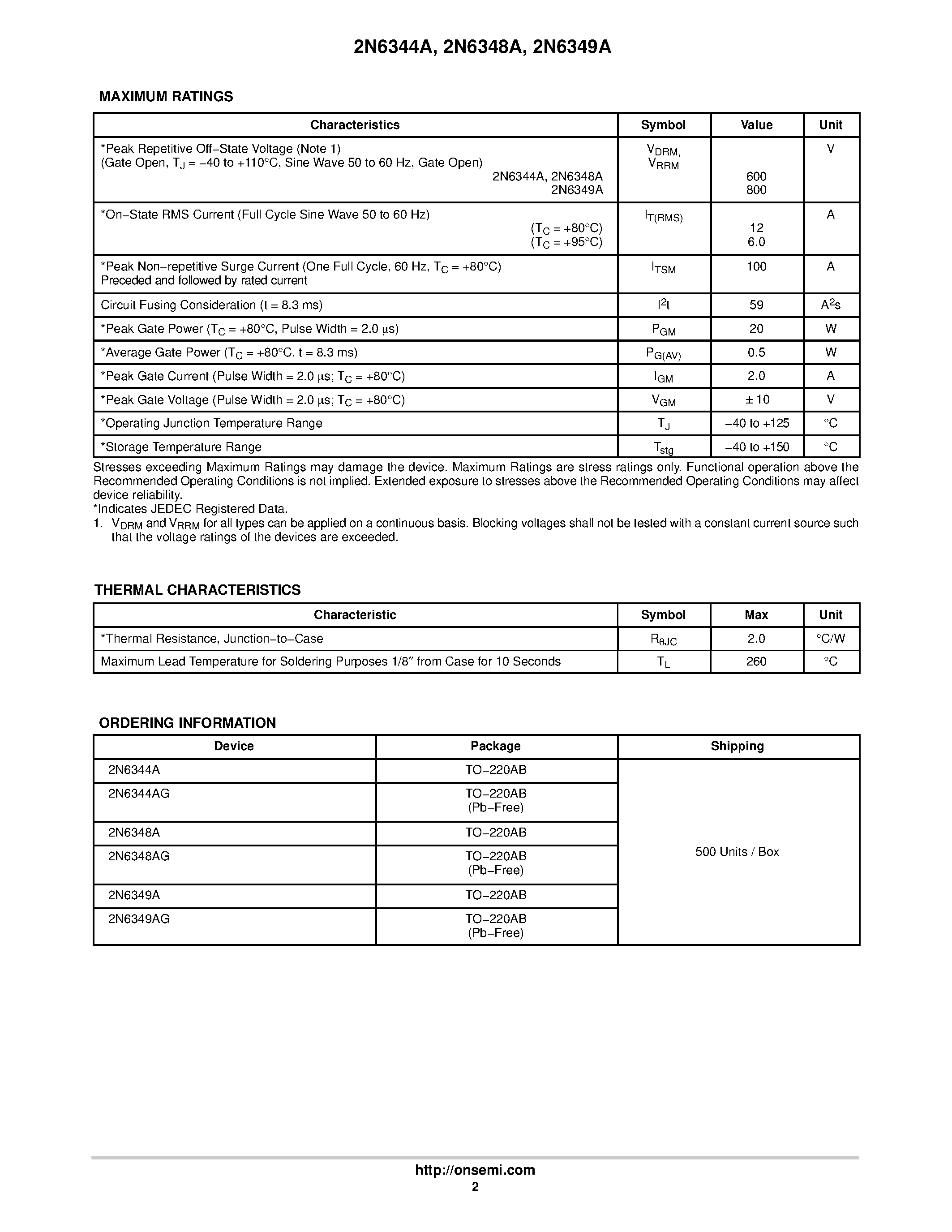 Datasheet 2N6344A - (2N6344A - 2N6349A) Triacs Silicon Bidirectional Thyristors page 2