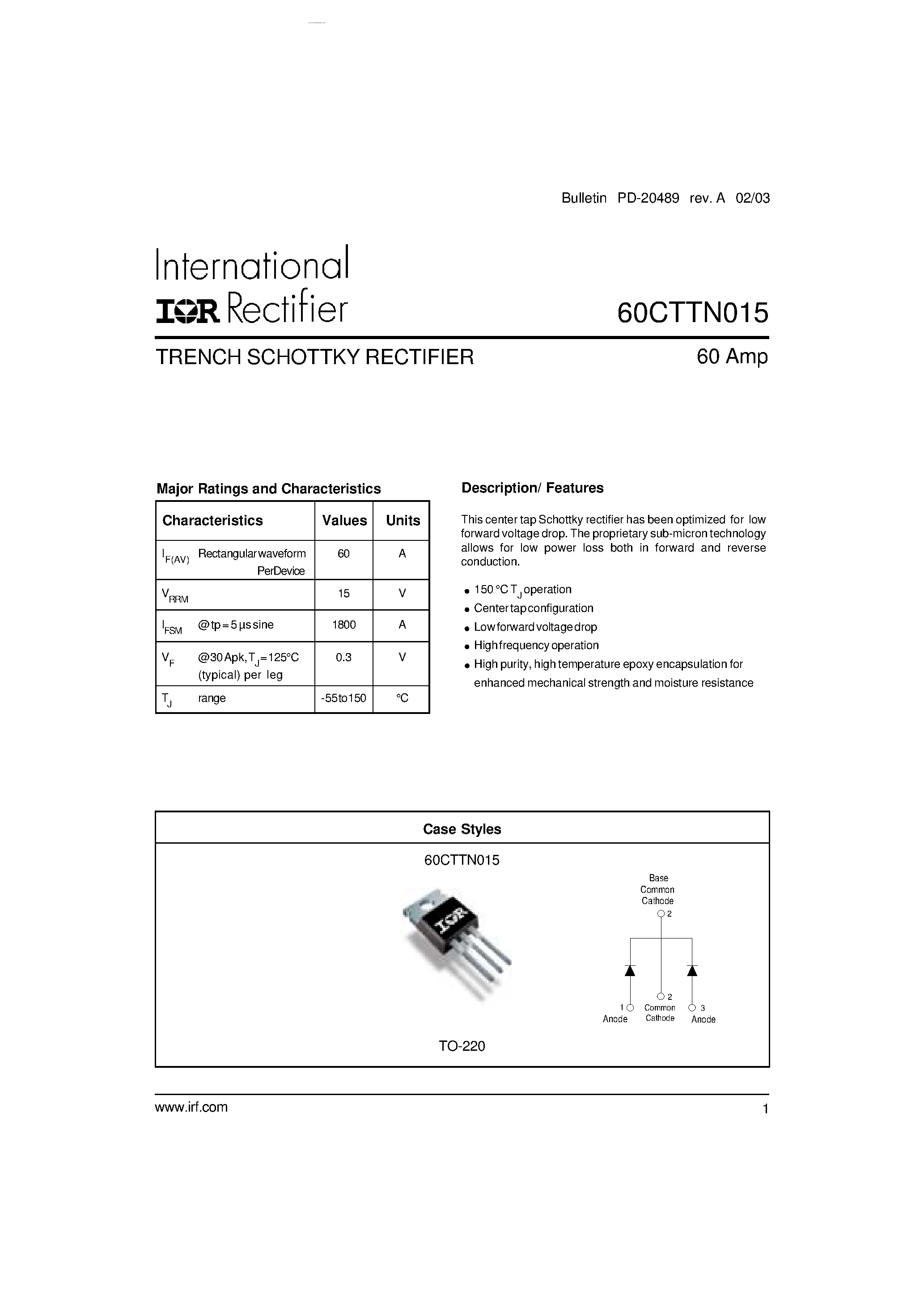 Datasheet 60CTTN015 - TRENCH SCHOTTKY RECTIFIER page 1