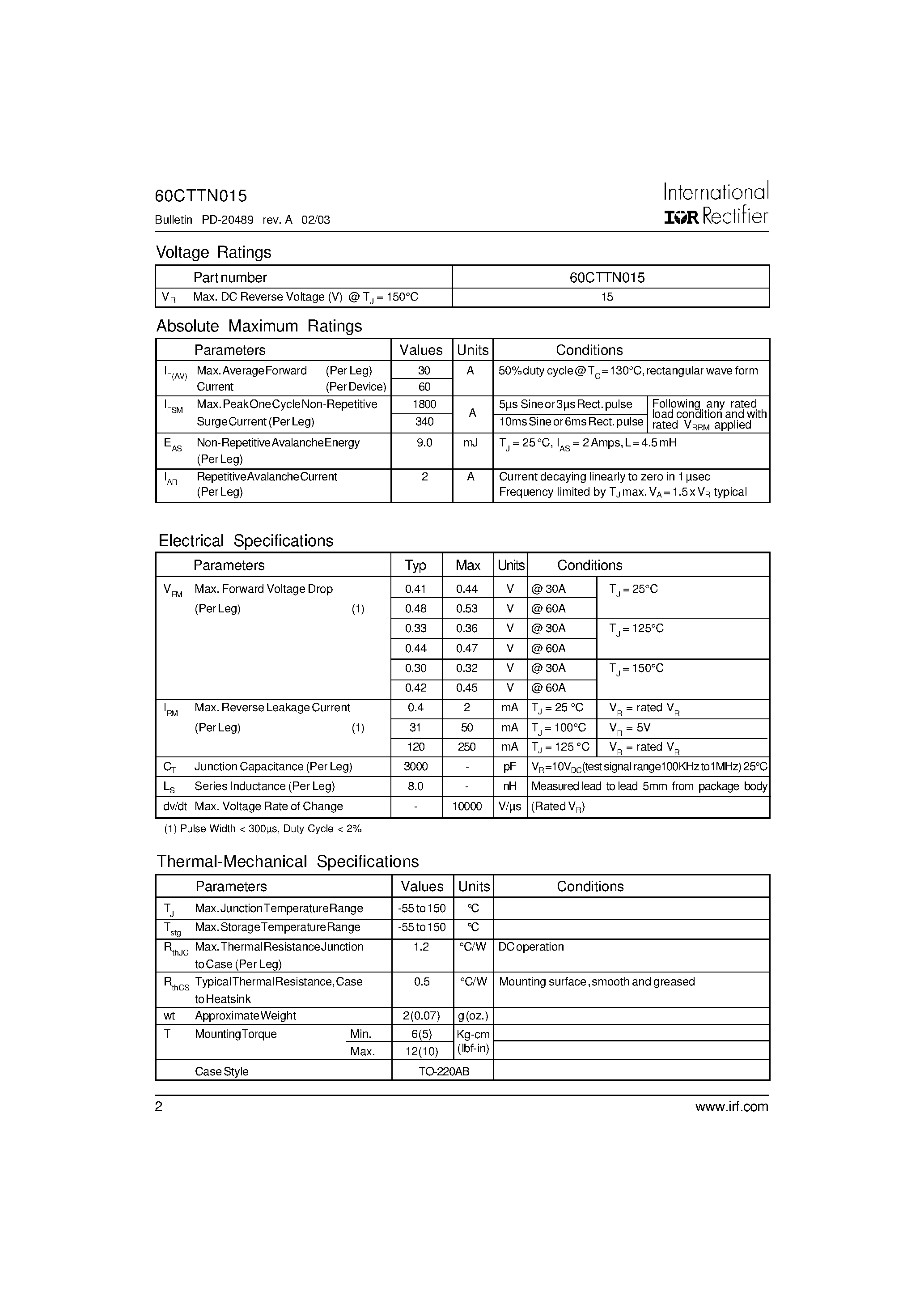 Datasheet 60CTTN015 - TRENCH SCHOTTKY RECTIFIER page 2