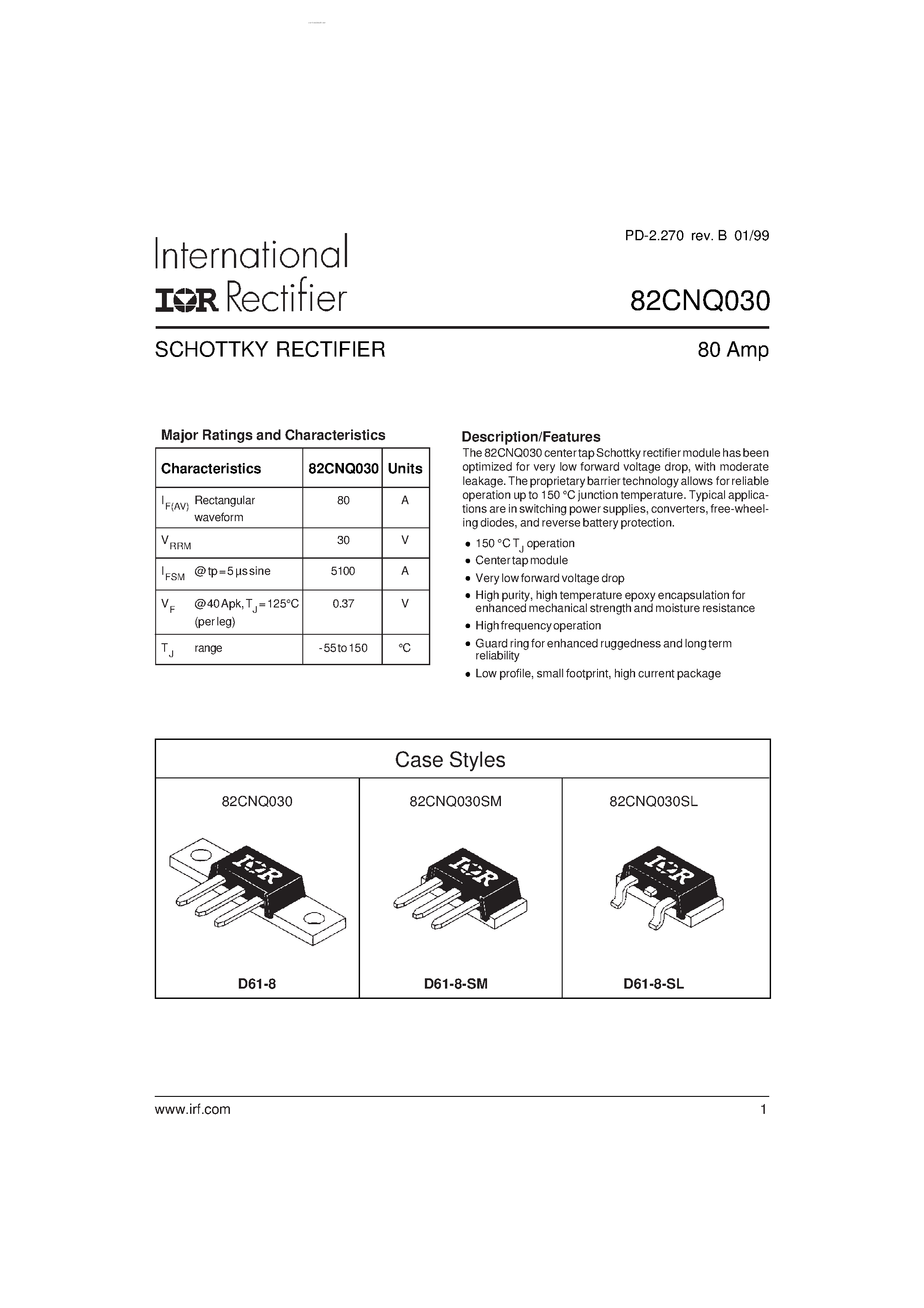 Datasheet 82CNQ030 - SCHOTTKY RECTIFIER page 1