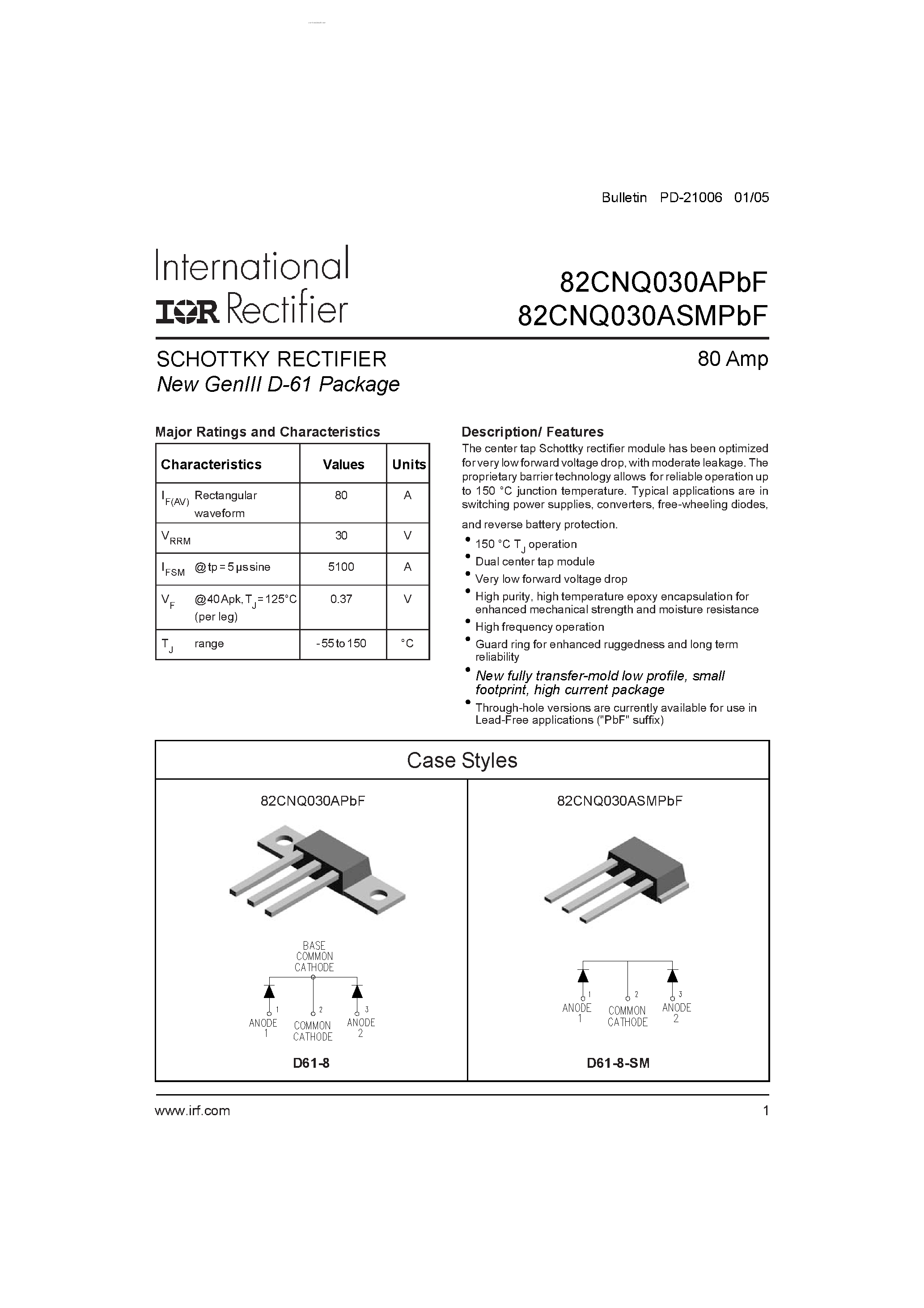 Datasheet 82CNQ030APBF - SCHOTTKY RECTIFIER page 1