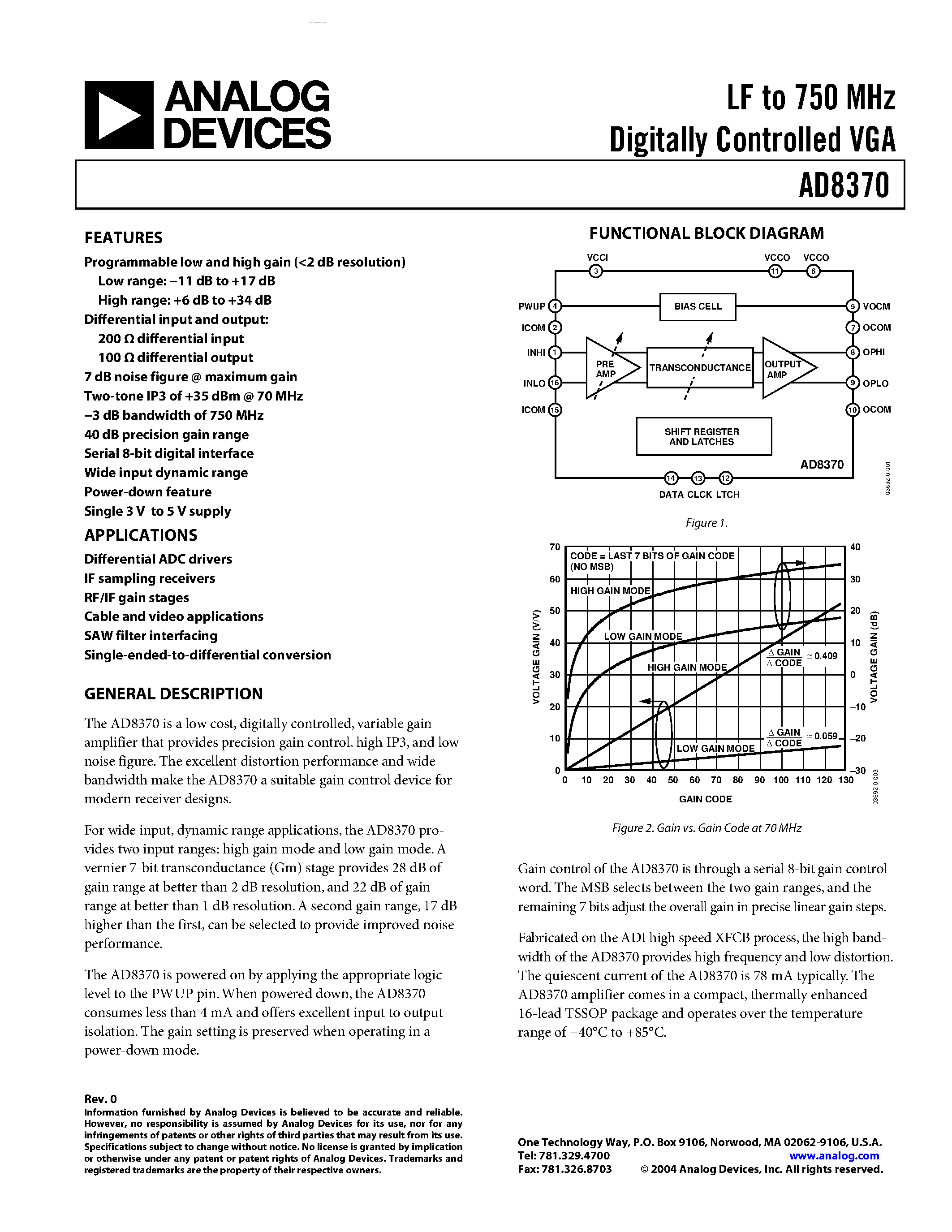 Datasheet AD8370 - Digitally Controlled VGA page 1