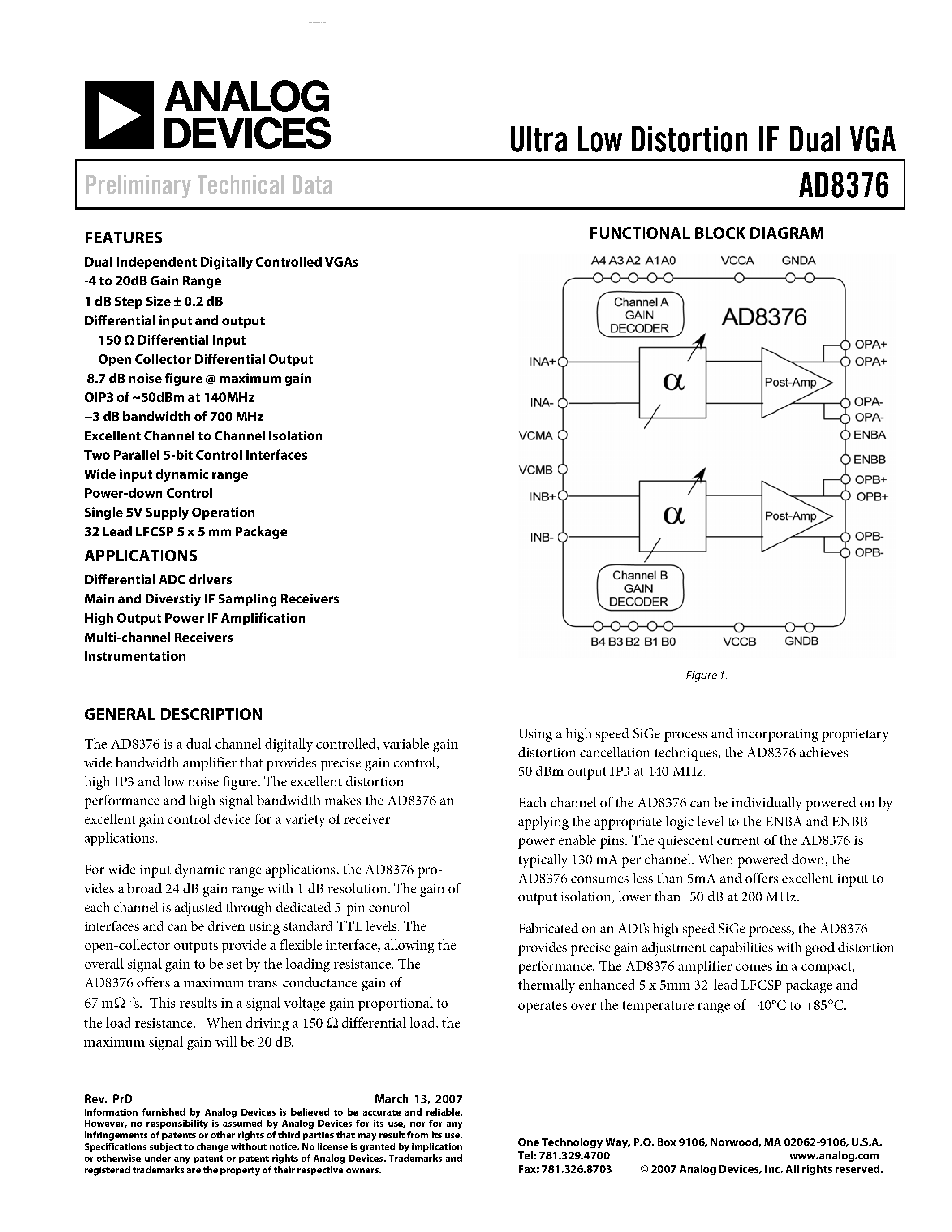 Datasheet AD8376 - Ultra Low Distortion IF Dual VGA page 1