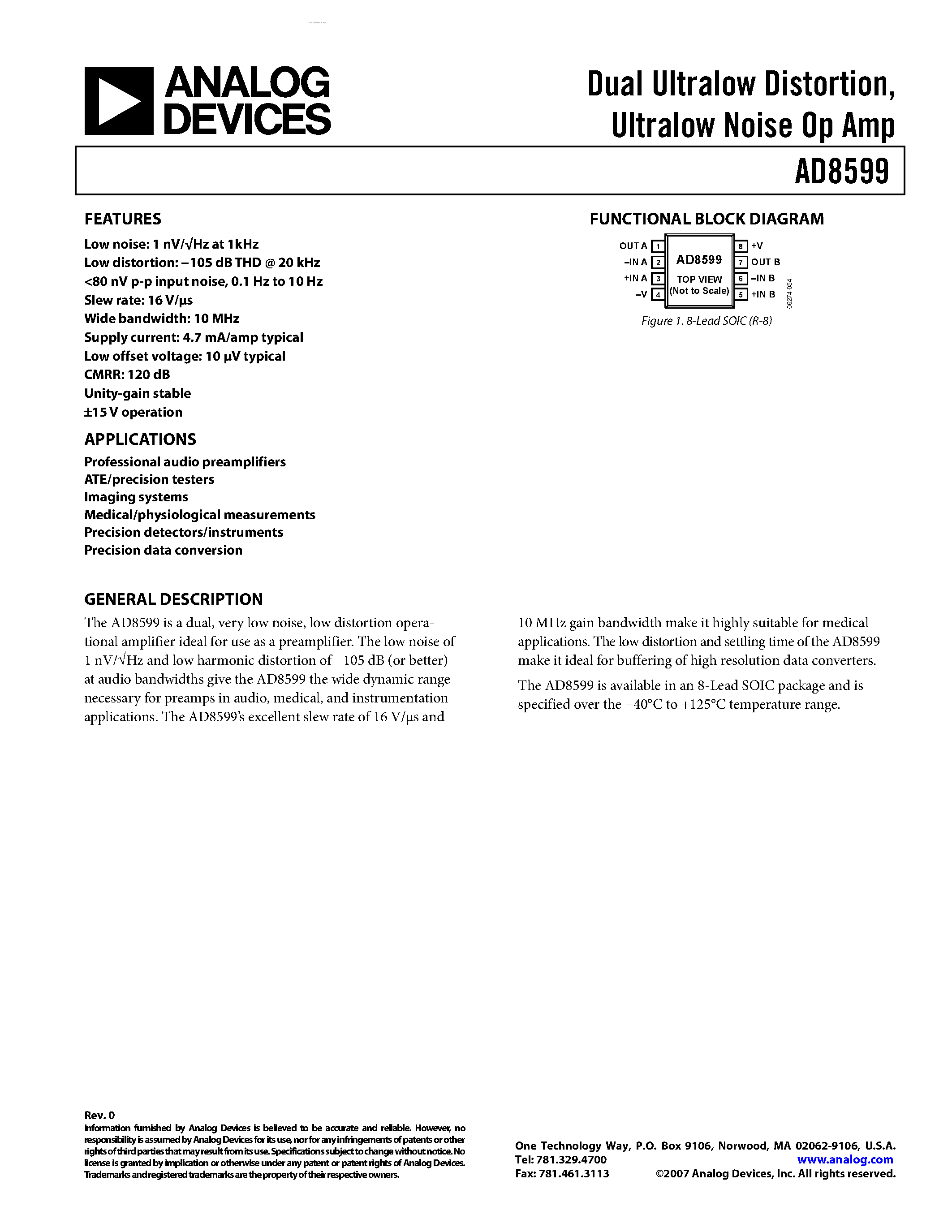 Datasheet AD8599 - Ultralow Noise Op Amp page 1
