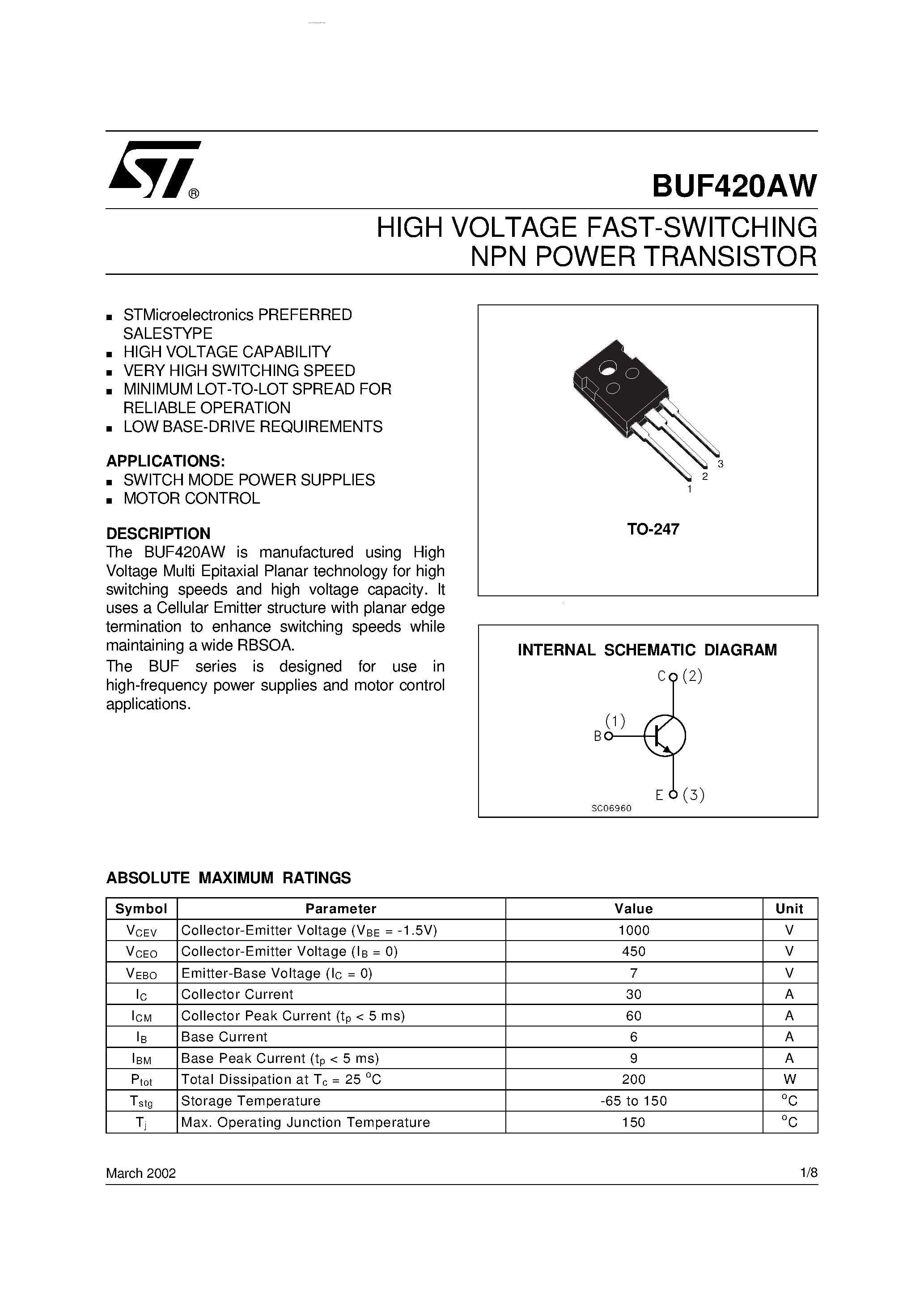 Даташит на микросхему BUF420AW страница 1 Даташит BUF420AW - HIGH VOLTAGE FAST-SWITCHING NPN POWER TRANSISTOR страница 1
