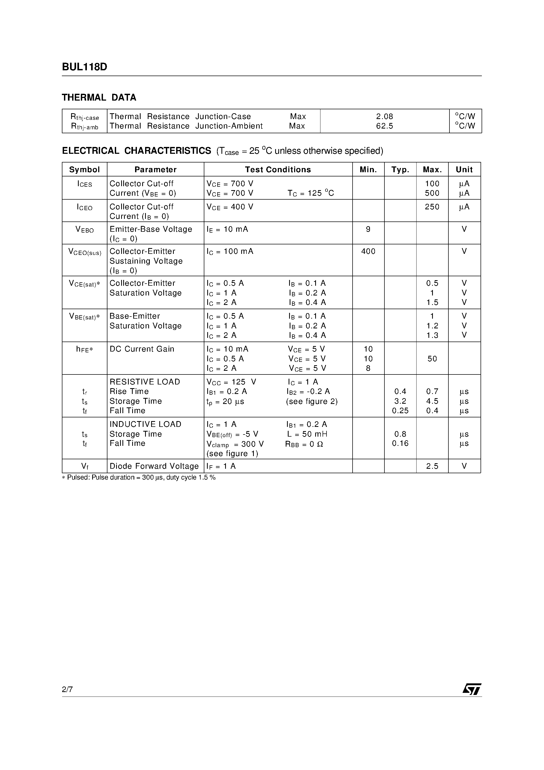 Datasheet BUL118D page 2 Datasheet BUL118D - HIGH VOLTAGE FAST-SWITCHING NPN POWER TRANSISTOR page 2