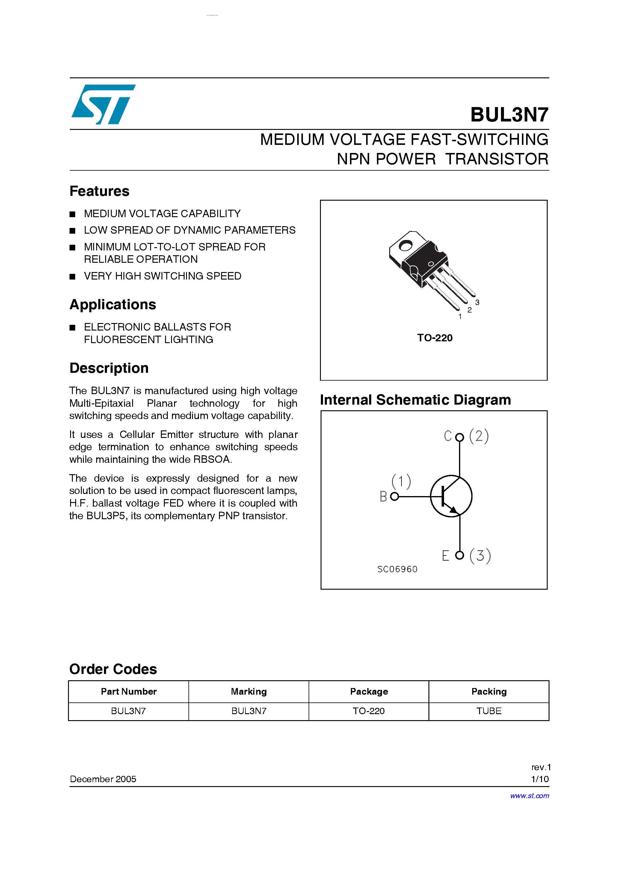 Даташит на микросхему BUL3N7 страница 1 Даташит BUL3N7 - MEDIUM VOLTAGE FAST-SWITCHING NPN POWER TRANSISTOR страница 1