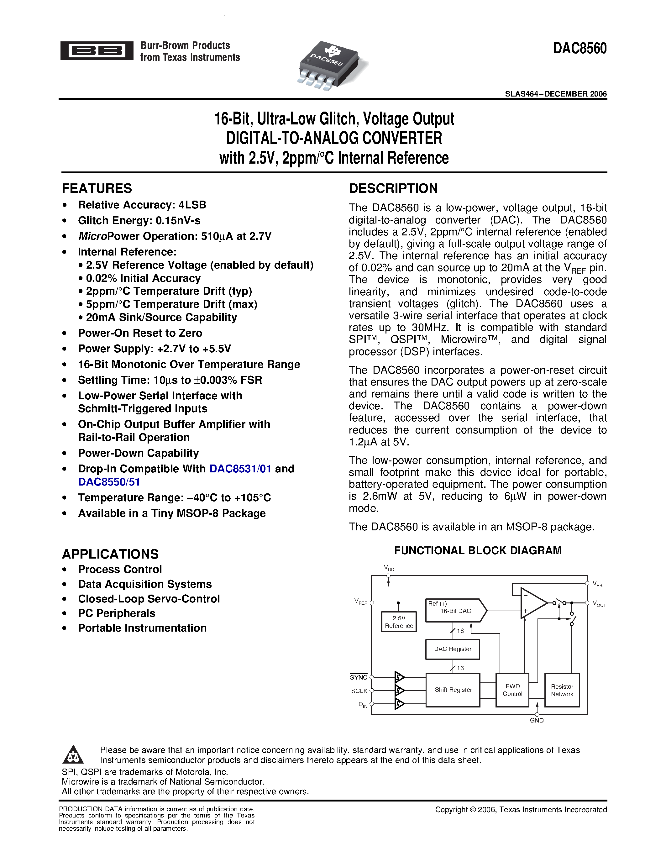 Datasheet DAC8560 - DIGITAL-TO-ANALOG CONVERTER page 1