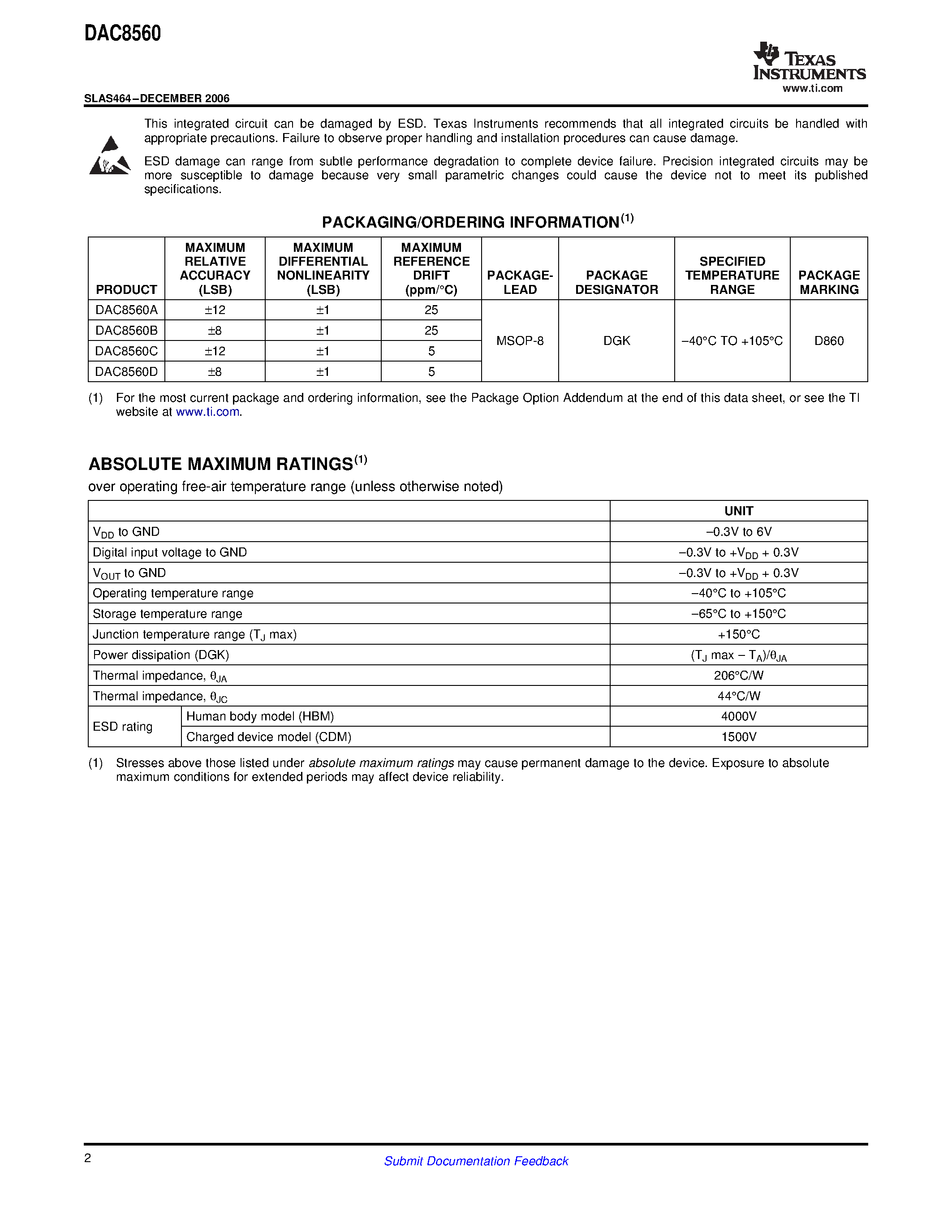 Datasheet DAC8560 - DIGITAL-TO-ANALOG CONVERTER page 2