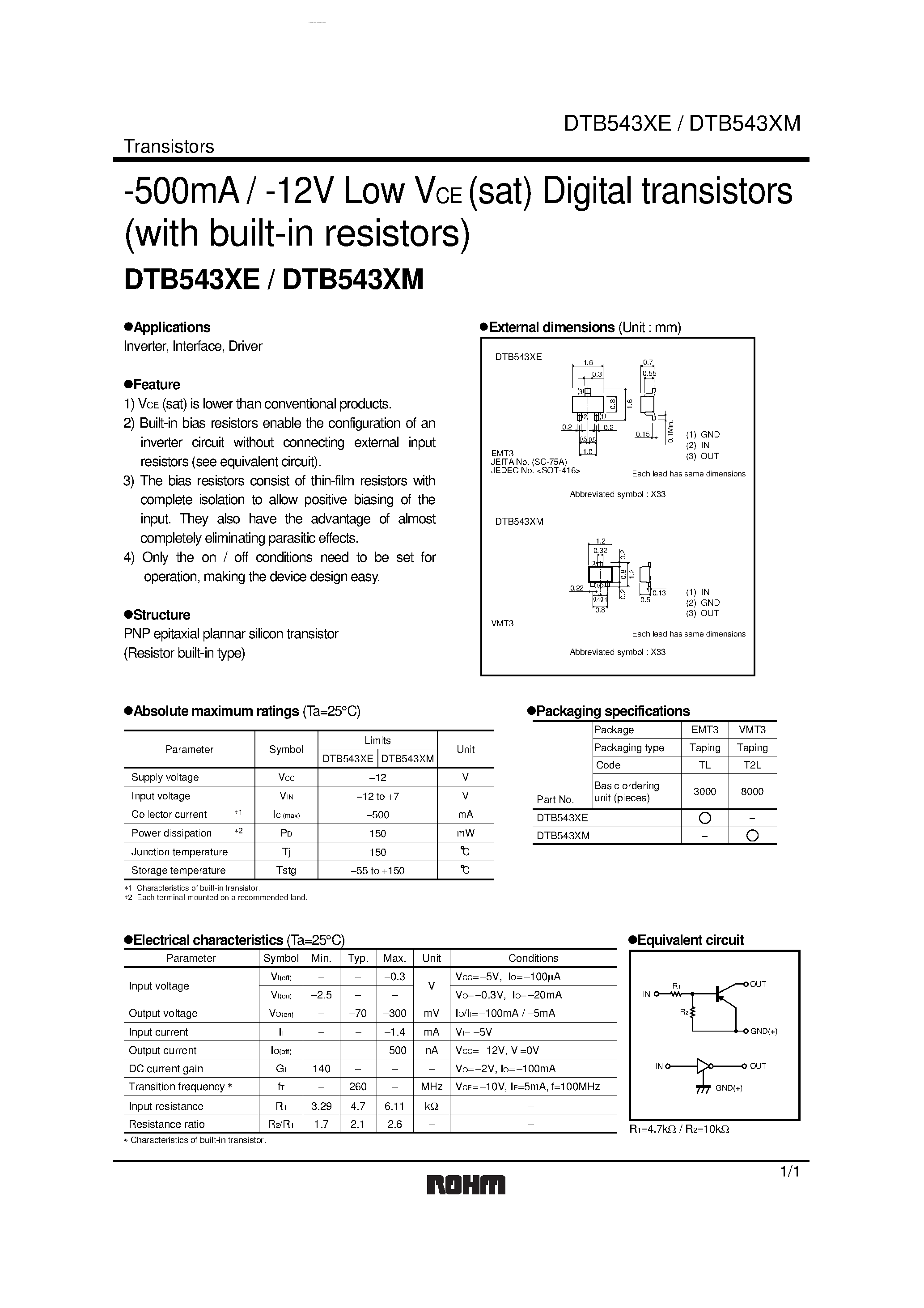 Даташит DTB543XE - (DTB543XE / DTB543XM) Low VCE (sat) Digital transistors страница 1