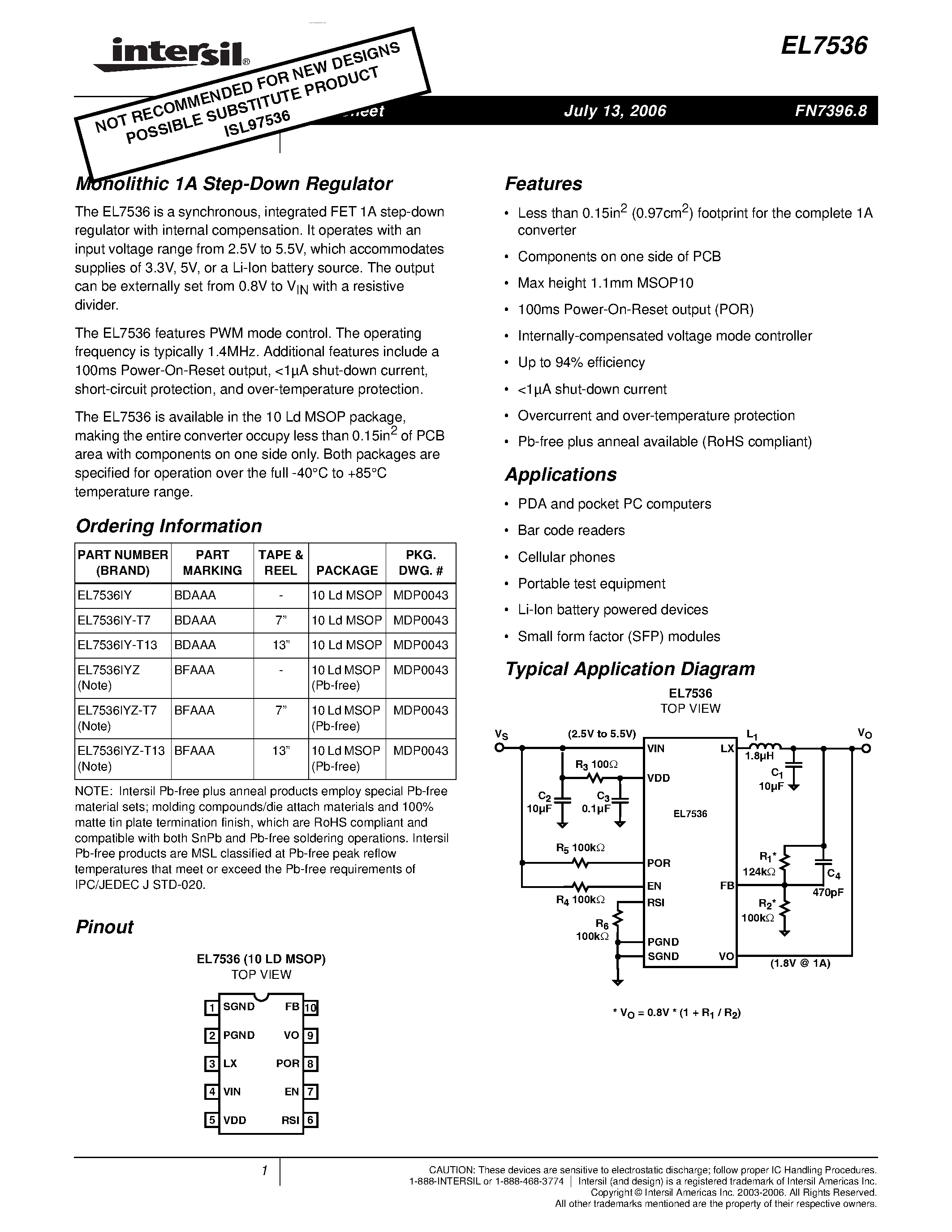 Даташит на микросхему EL7536 страница 1 Даташит EL7536 - Monolithic 1A Step-Down Regulator страница 1