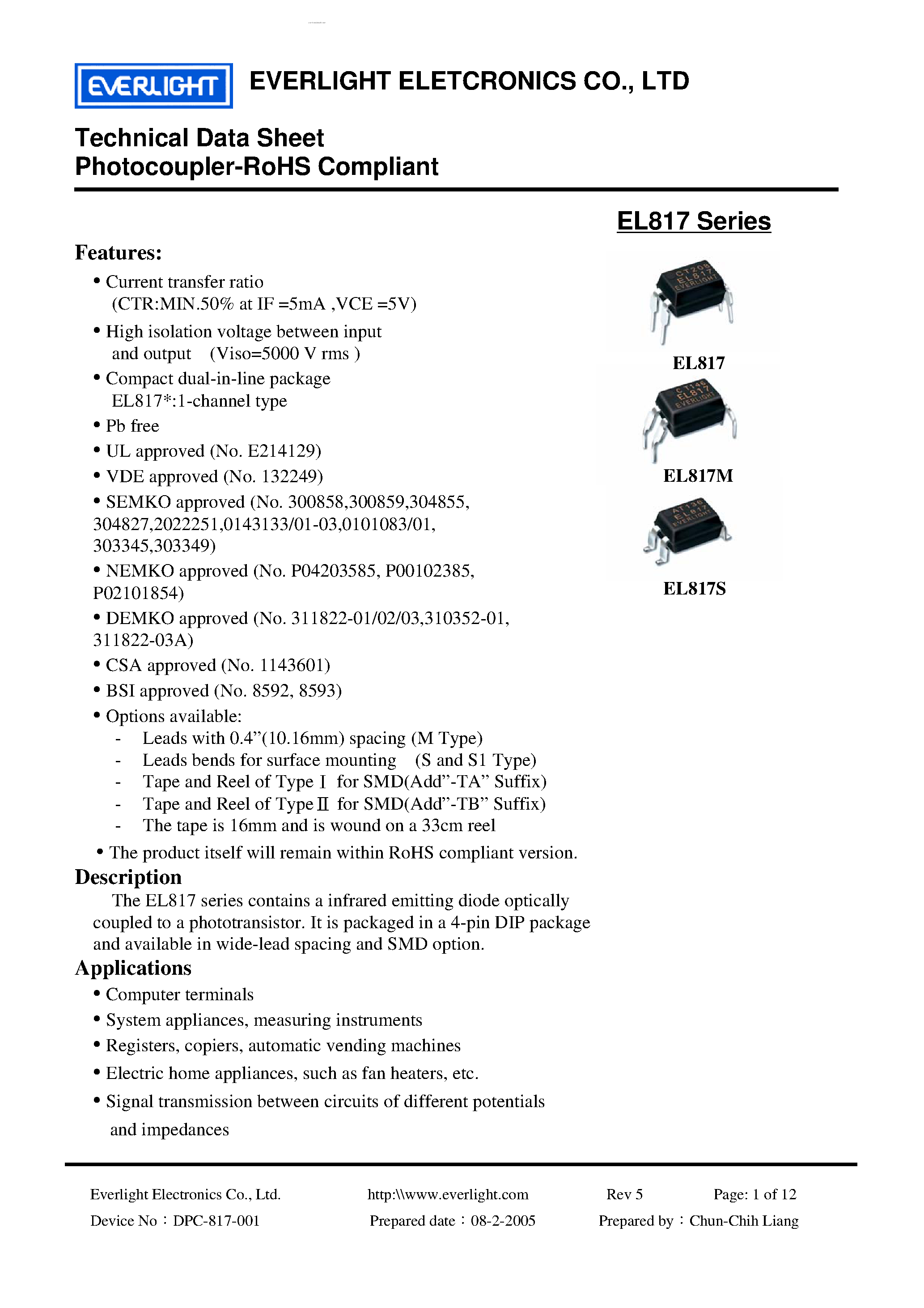 Даташит на микросхему EL817 страница 1 Даташит EL817 - Photocoupler-RoHS Compliant страница 1
