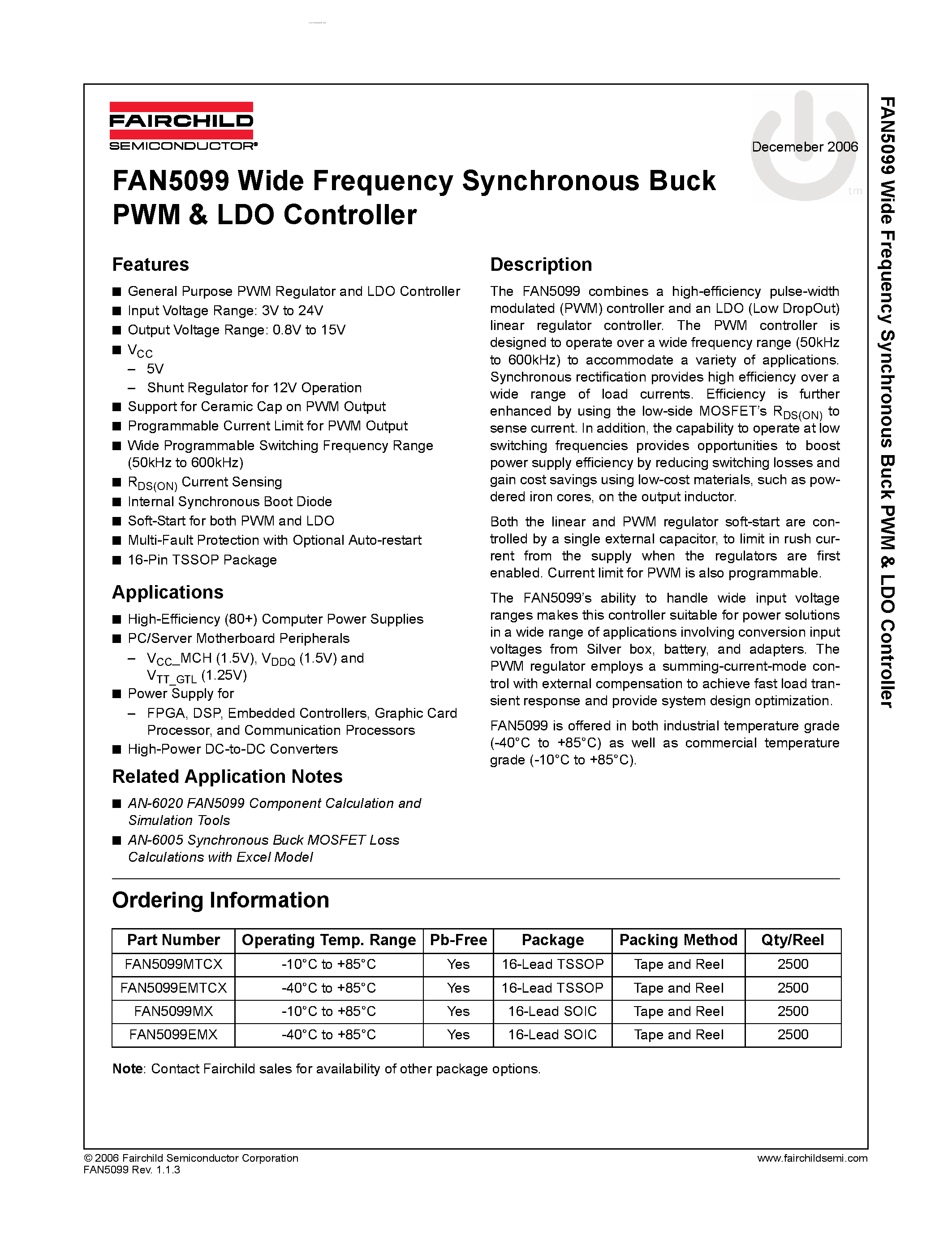 Datasheet FAN5099 page 1 Datasheet FAN5099 - Wide Frequency Synchronous Buck PWM AND LDO Controller page 1