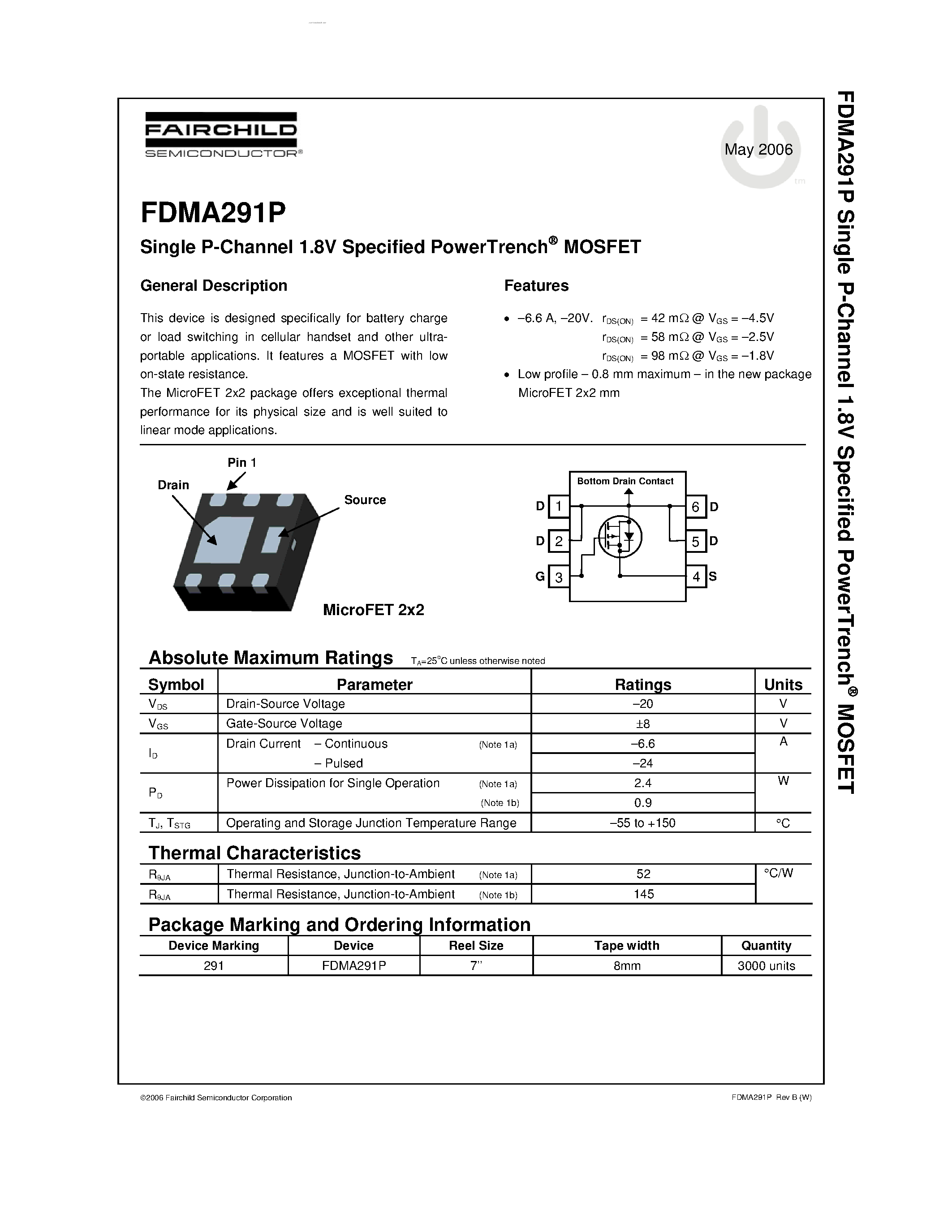 Datasheet FDMA291P - Single P-Channel 1.8V Specified PowerTrench MOSFET page 1