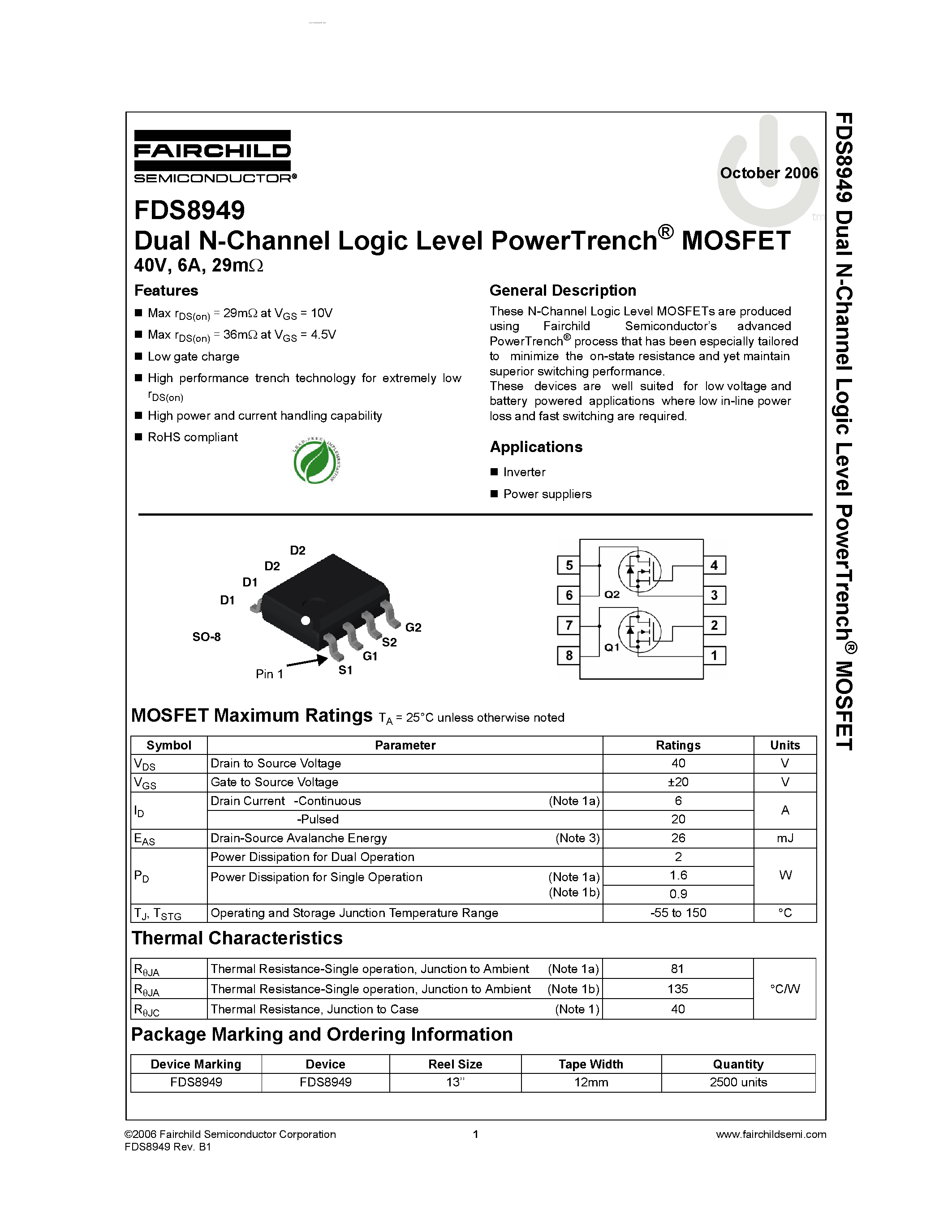 Даташит FDS8949 - Dual N-Channel Logic Level PowerTrench MOSFET страница 1