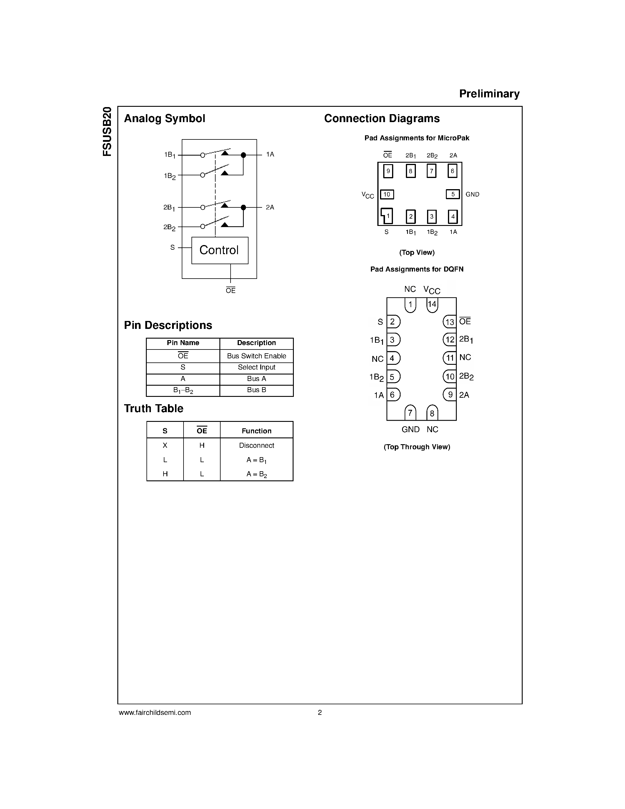 Даташит на микросхему FSUSB20 страница 2 Даташит FSUSB20 - Low Voltage Ultra Low Power USB High Speed (480 Mbps) Dual DPDT Switch страница 2