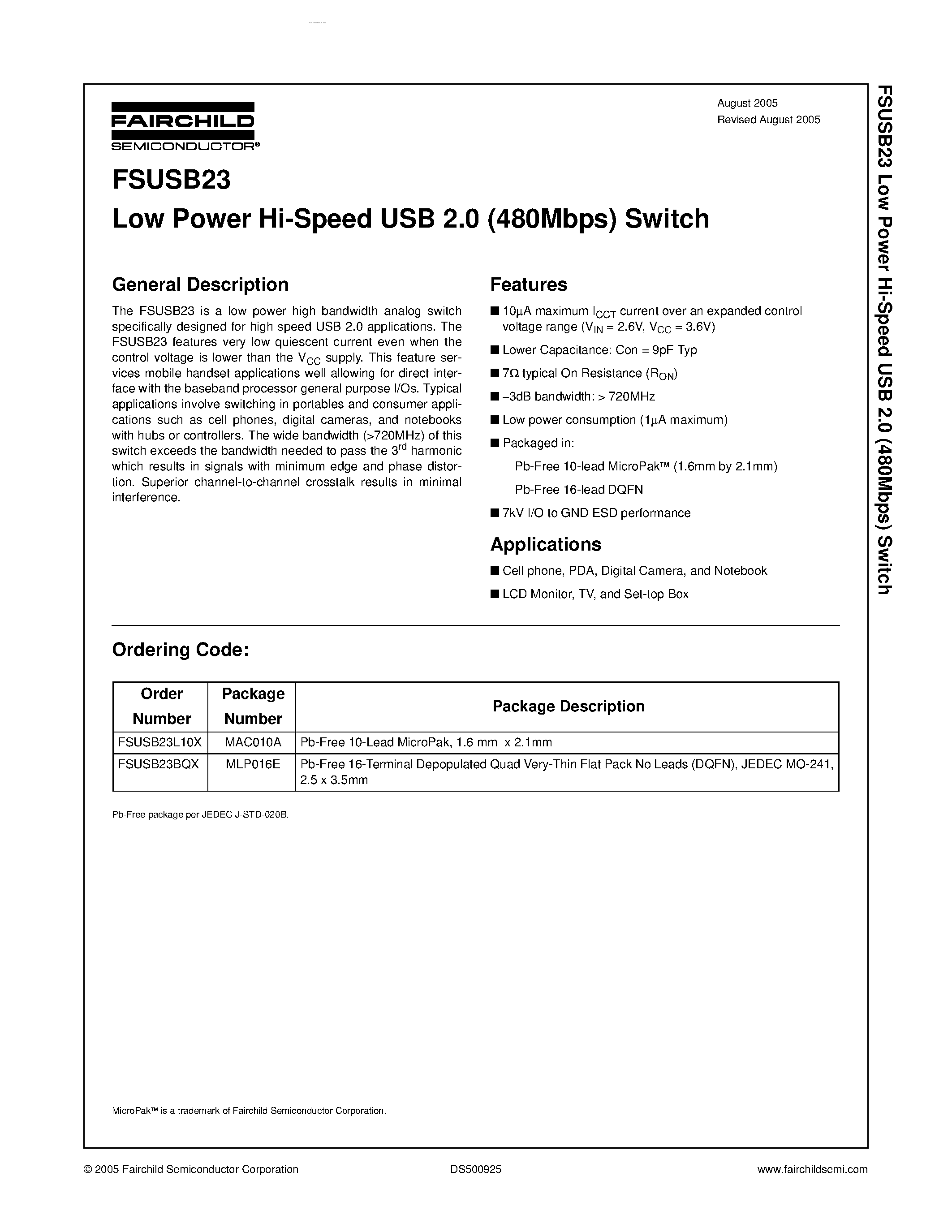Datasheet FSUSB23 page 1 Datasheet FSUSB23 - Low Power Hi-Speed USB 2.0 (480Mbps) Switch page 1