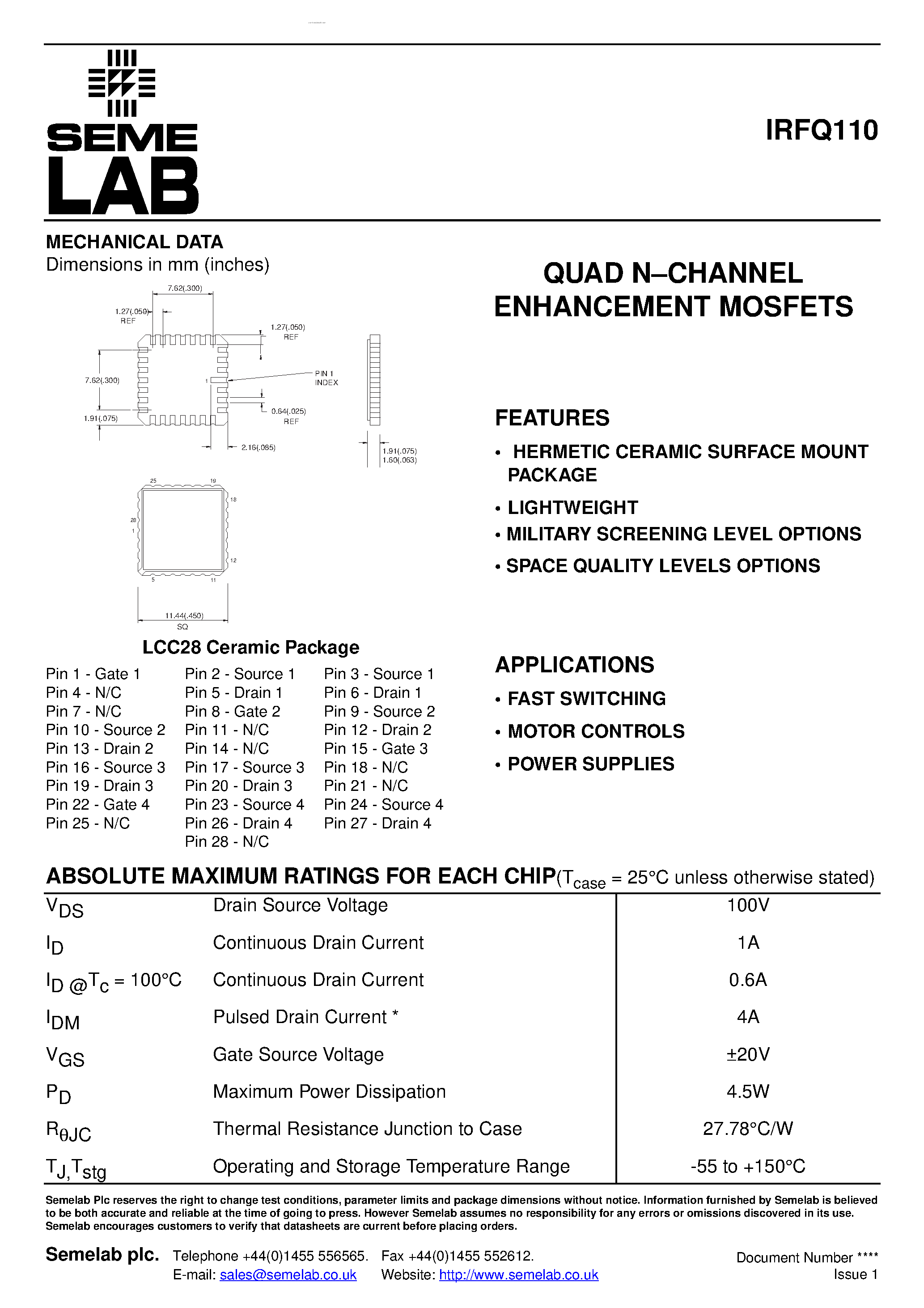 Datasheet IRFQ110 - QUAD N-CHANNEL ENHANCEMENT MOSFETS page 1