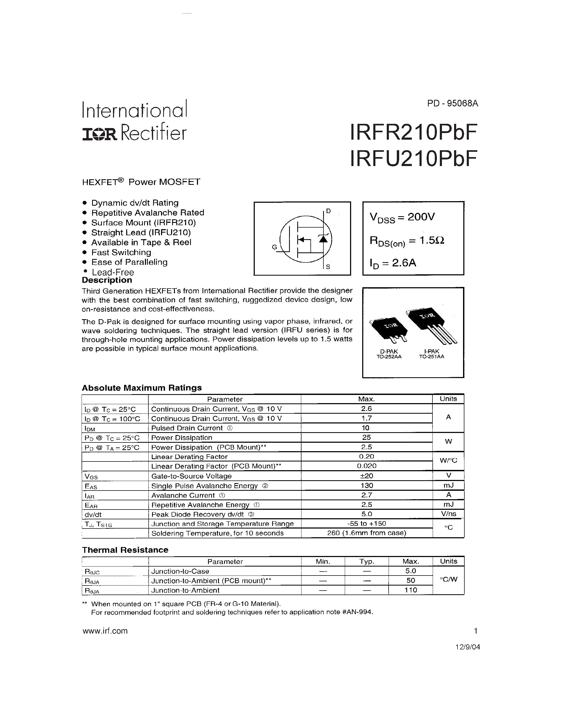 Datasheet IRFR210PBF - HEXFET POWER MOSFET page 1