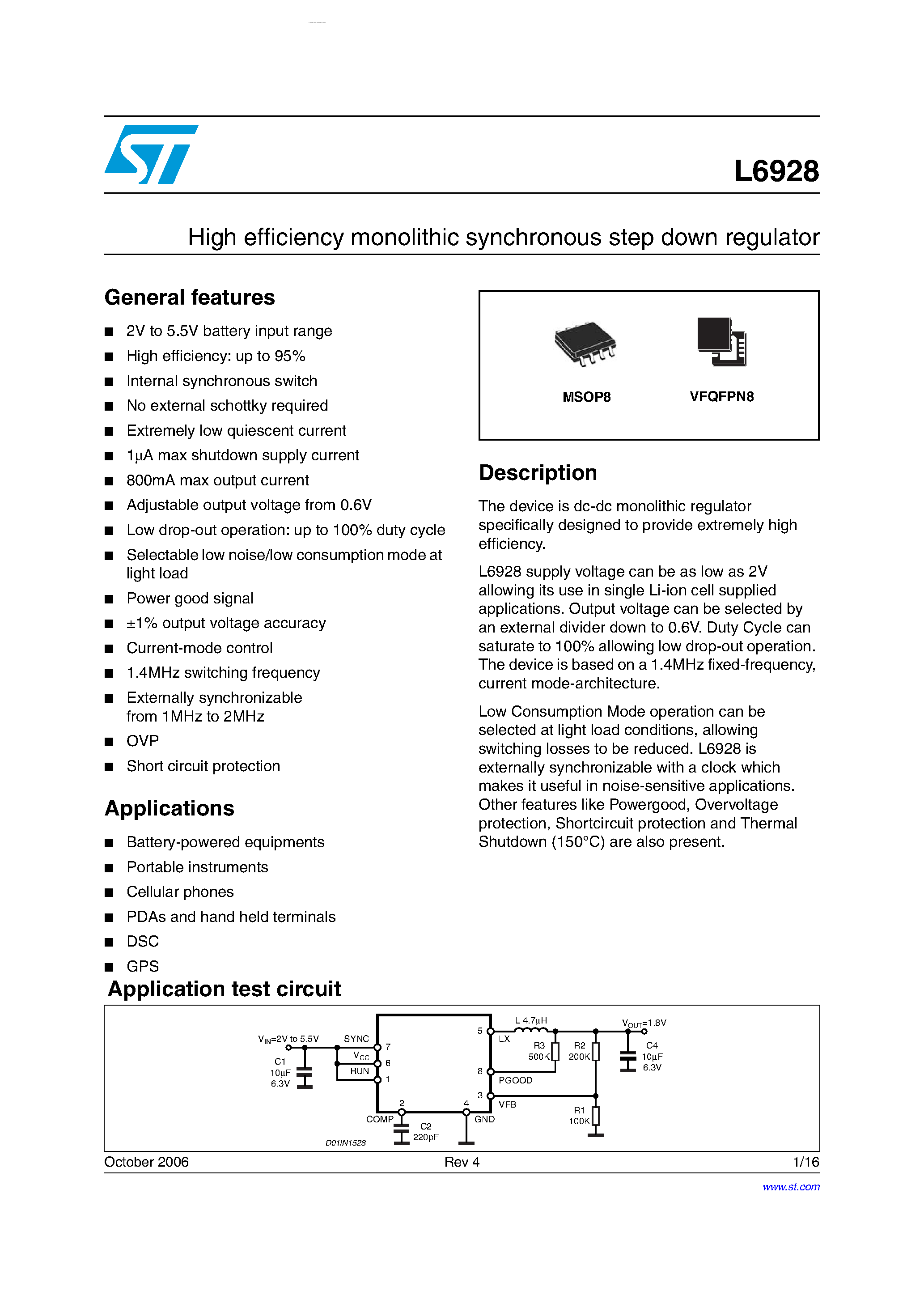 Даташит на микросхему L6928 страница 1 Даташит L6928 - High efficiency monolithic synchronous step down regulator страница 1