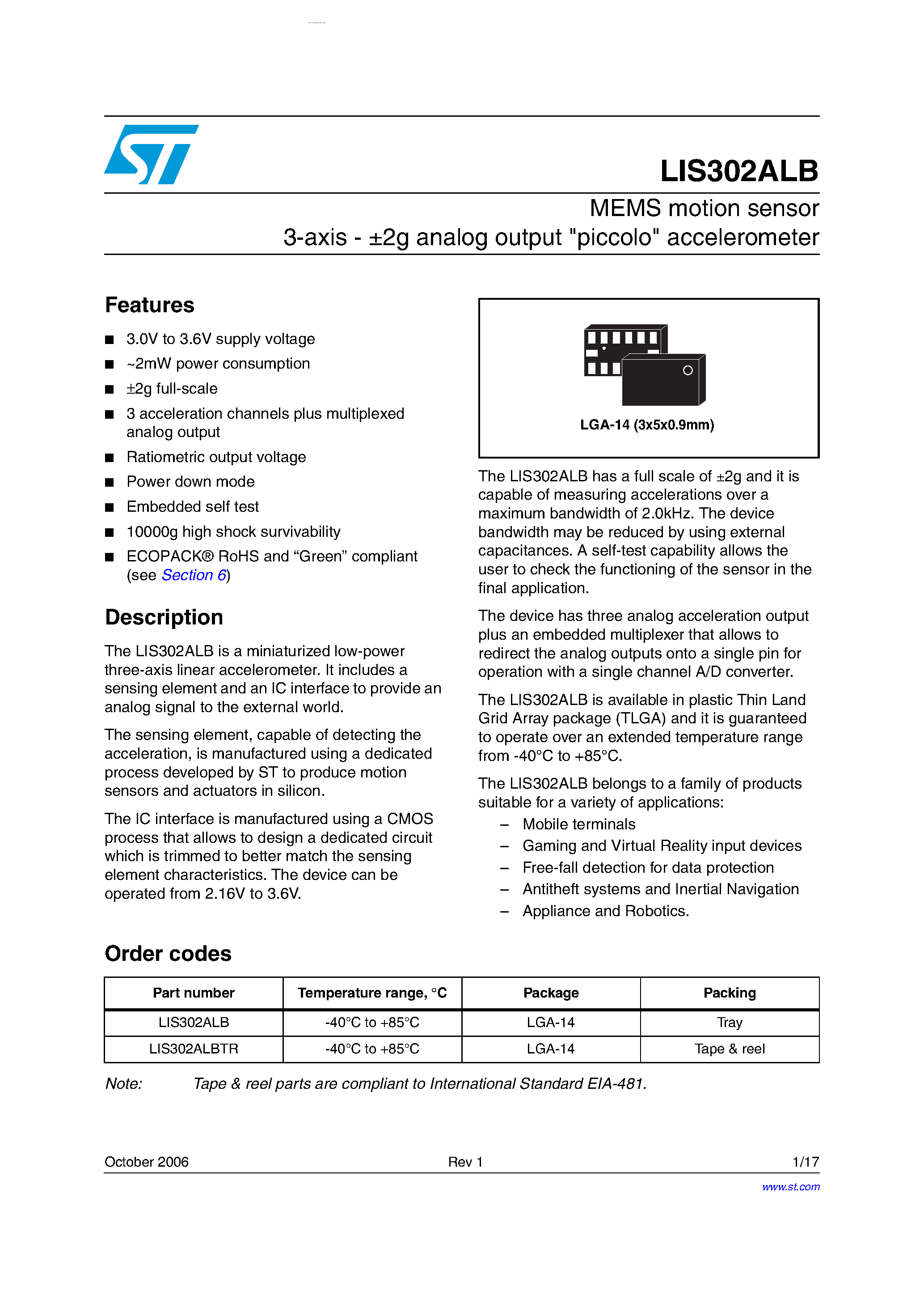 Datasheet LIS302ALB - MEMS motion sensor 3-axis - +-2g analog output piccolo accelerometer page 1