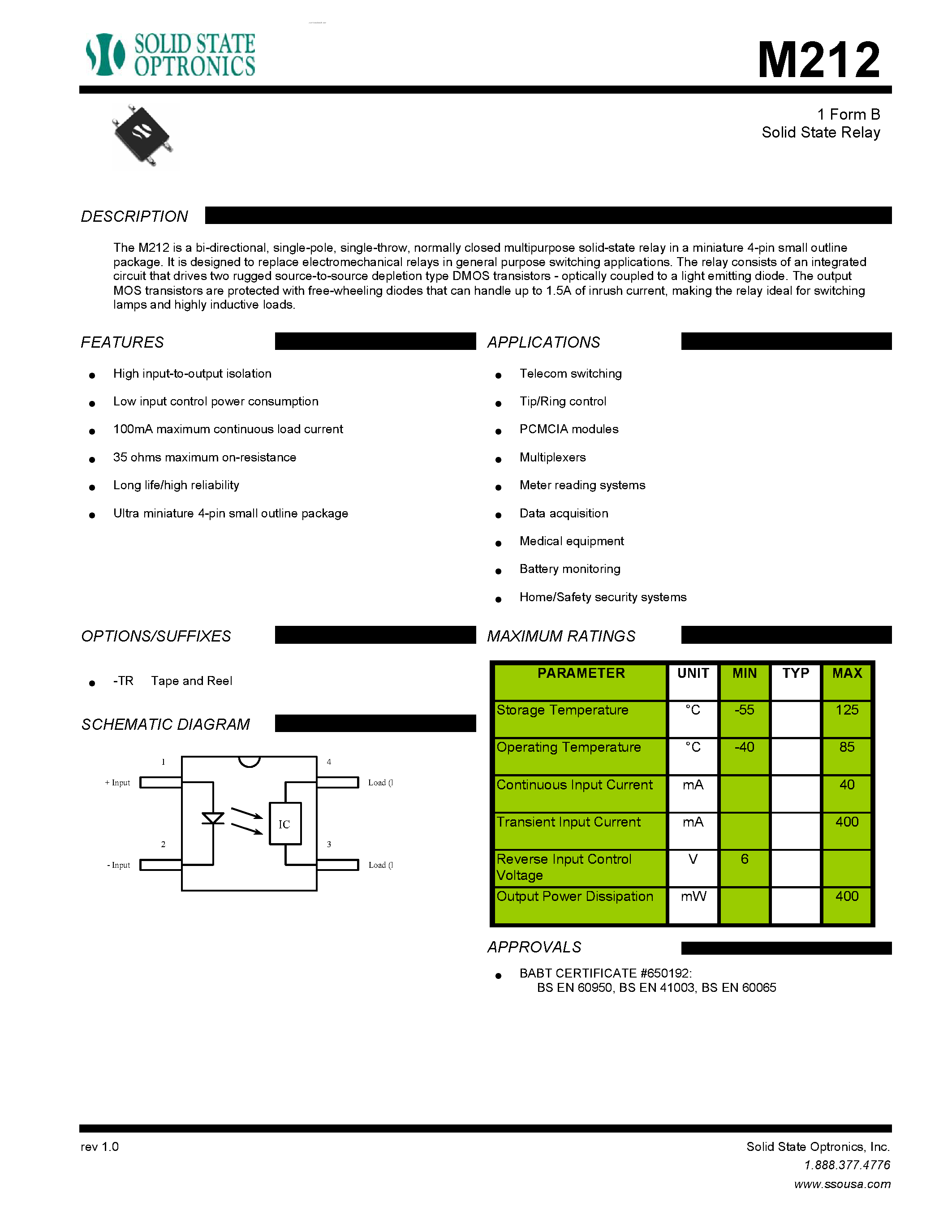 Даташит M212 - 1 Form B Solid State Relay страница 1