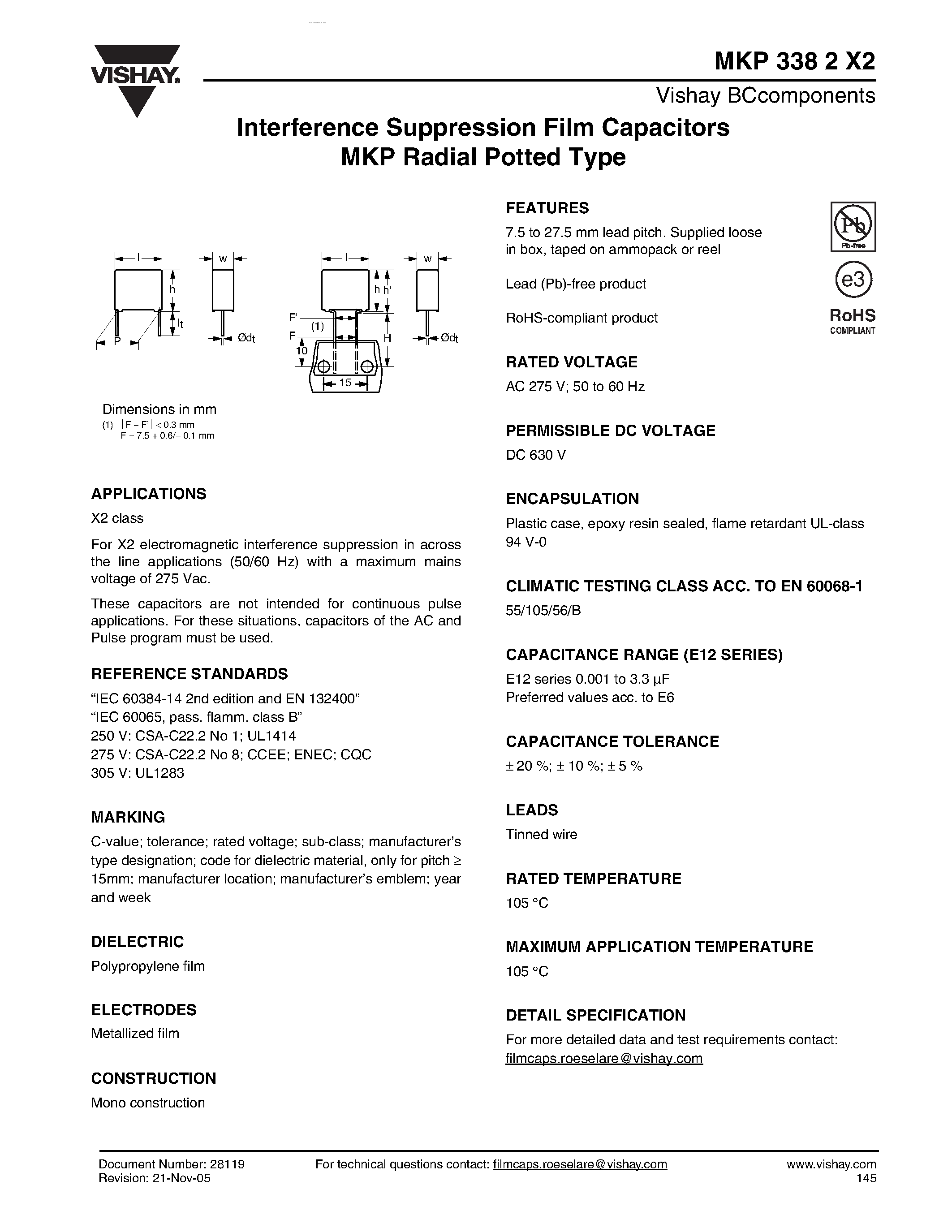 Datasheet MKP3382X2 - Interference Suppression Film Capacitors MKP Radial Potted Type page 1