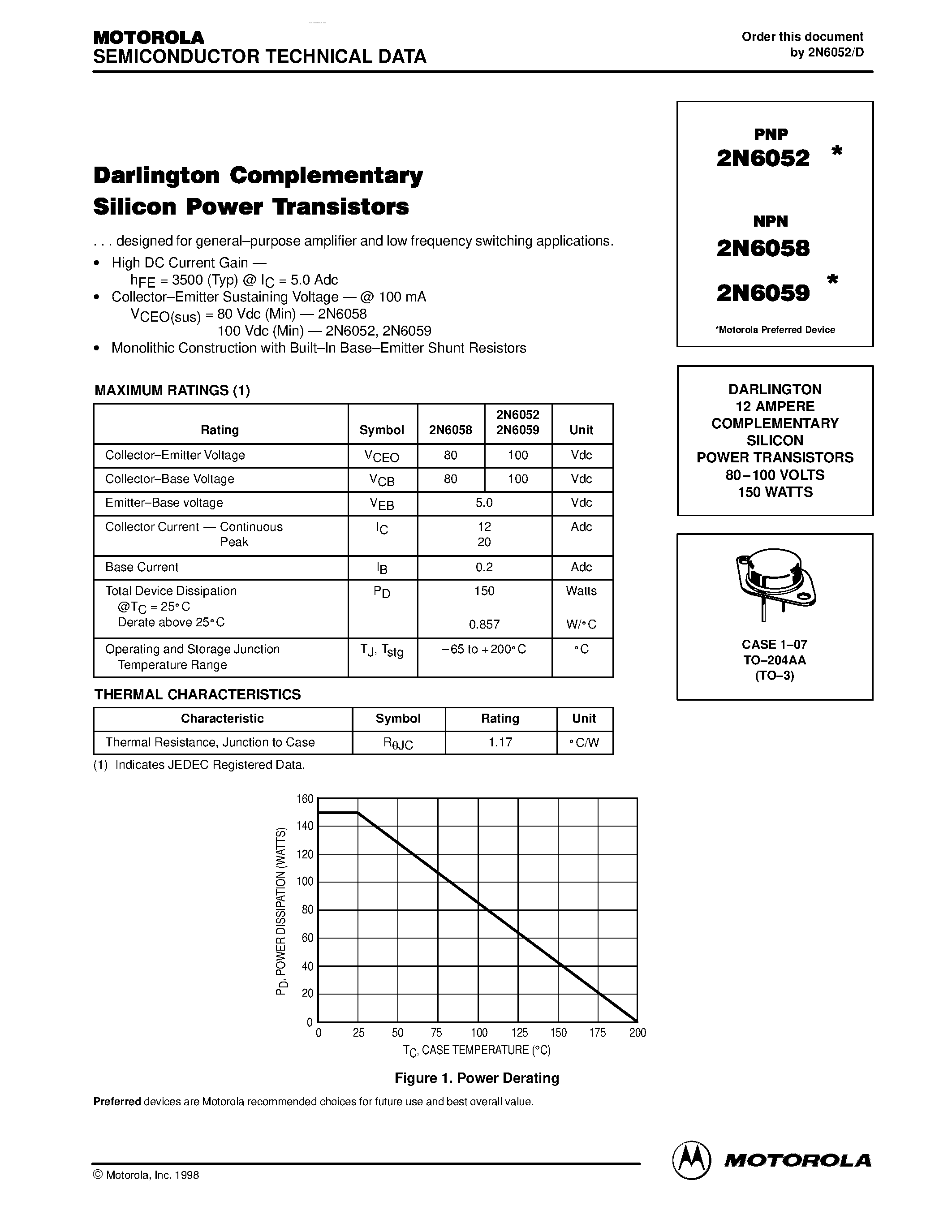 Даташит на микросхему 2N6052 страница 1 Даташит 2N6052 - (2N6052 - 2N6059) DARLINGTON COMPLEMENTARY SILICON POWER TRANSISTORS страница 1