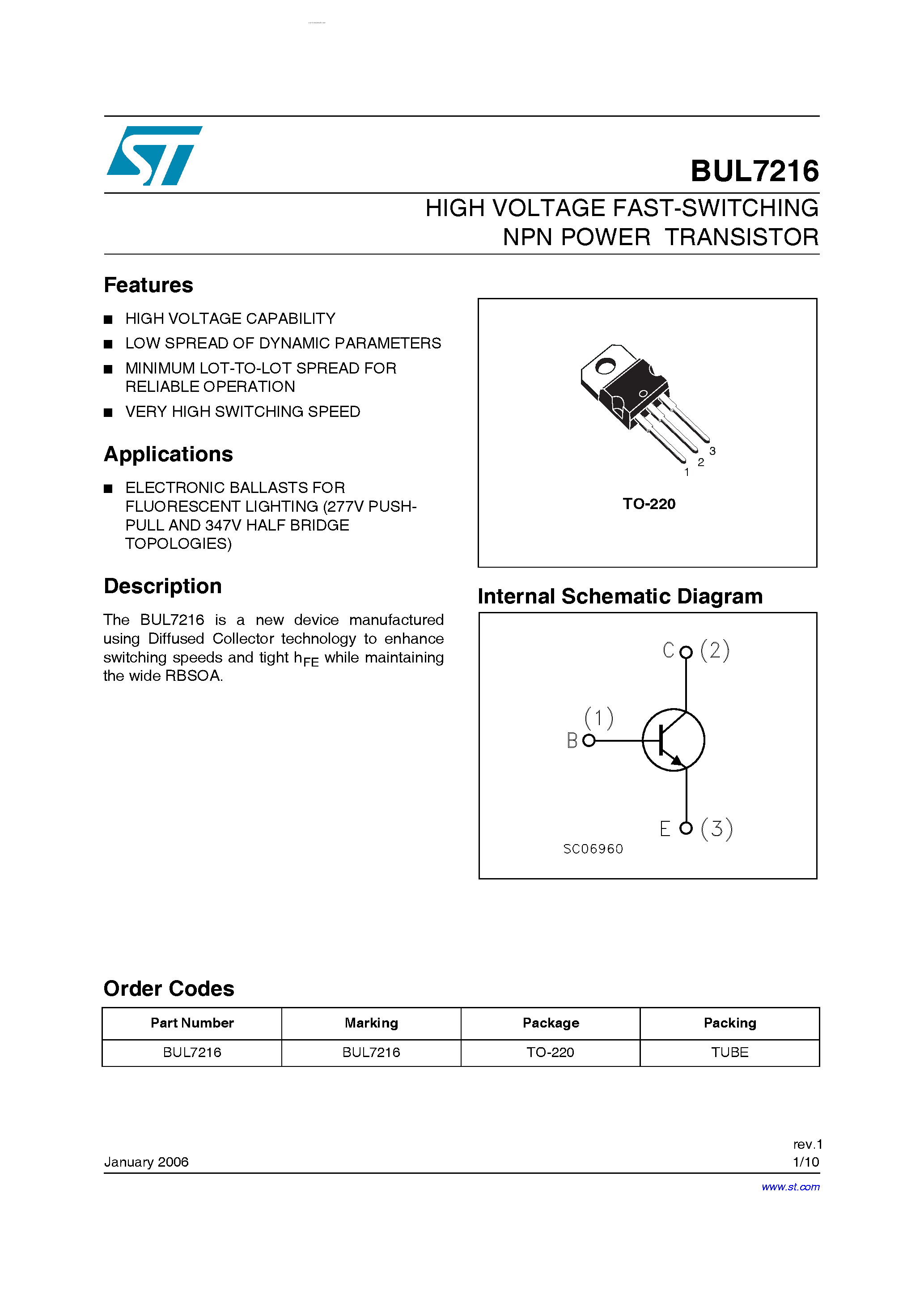Даташит на микросхему BUL7216 страница 1 Даташит BUL7216 - HIGH VOLTAGE FAST-SWITCHING NPN POWER TRANSISTOR страница 1