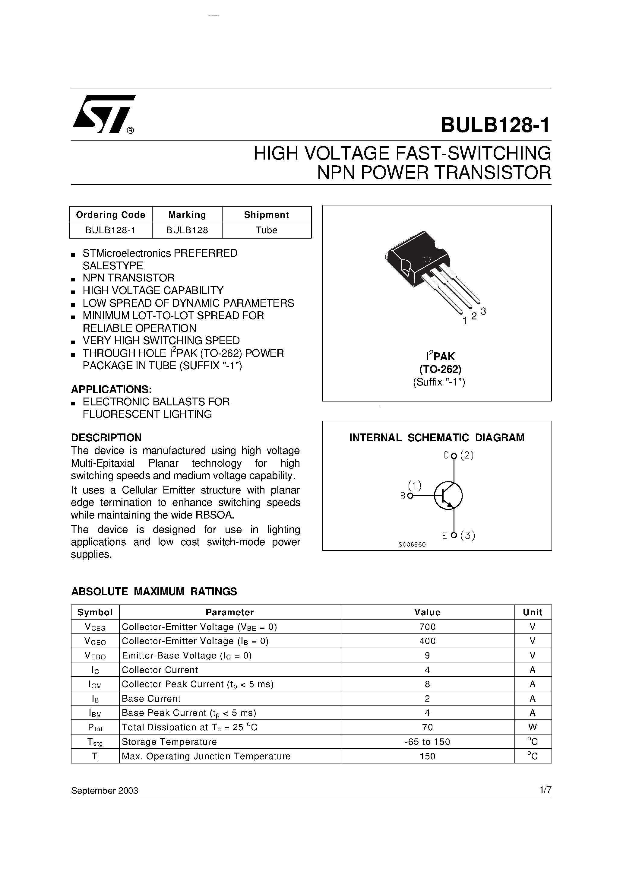 Даташит BULB128-1 - HIGH VOLTAGE FAST-SWITCHING NPN POWER TRANSISTOR страница 1