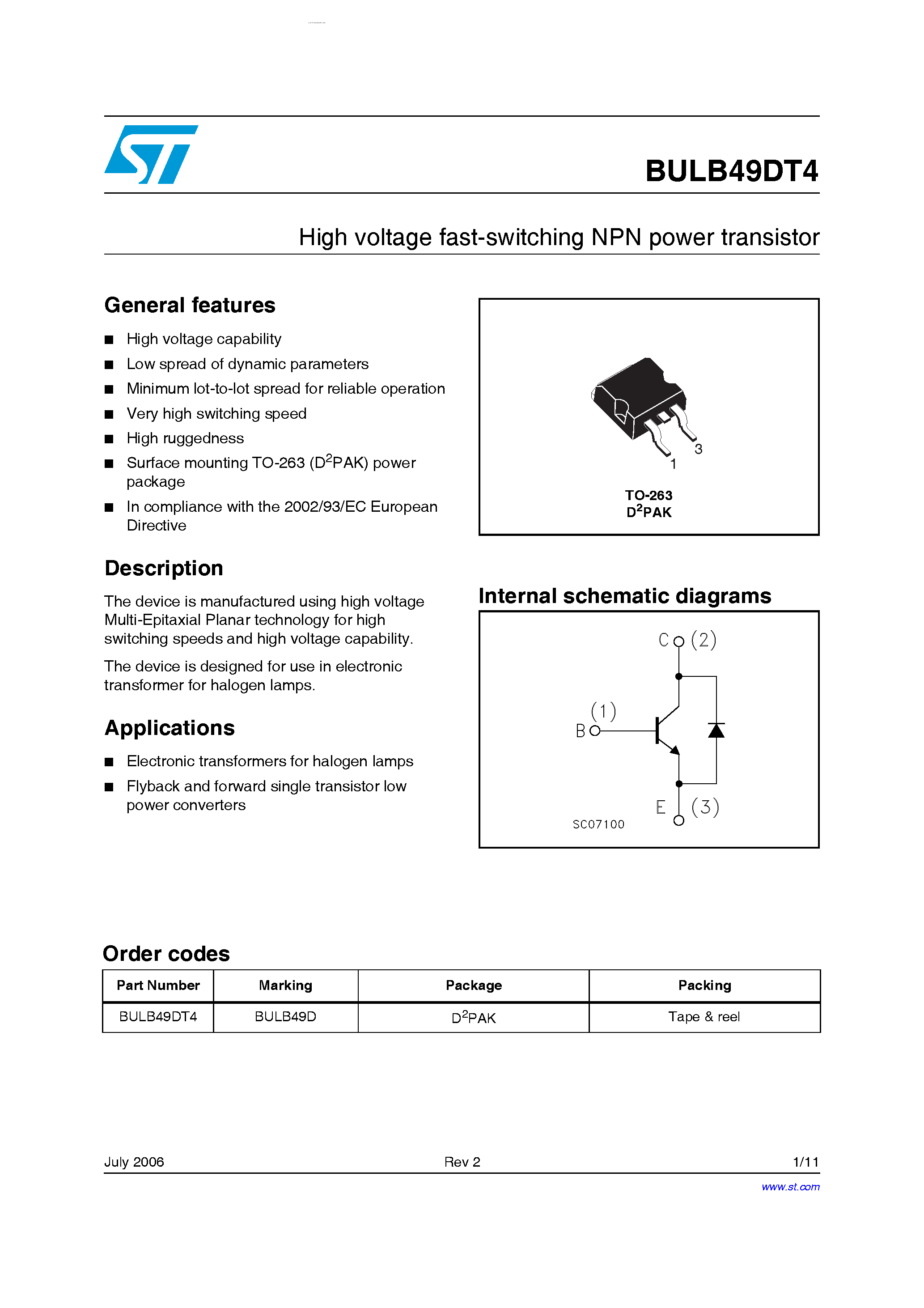 Даташит на микросхему BULB49DT4 страница 1 Даташит BULB49DT4 - High voltage fast-switching NPN power transistor страница 1