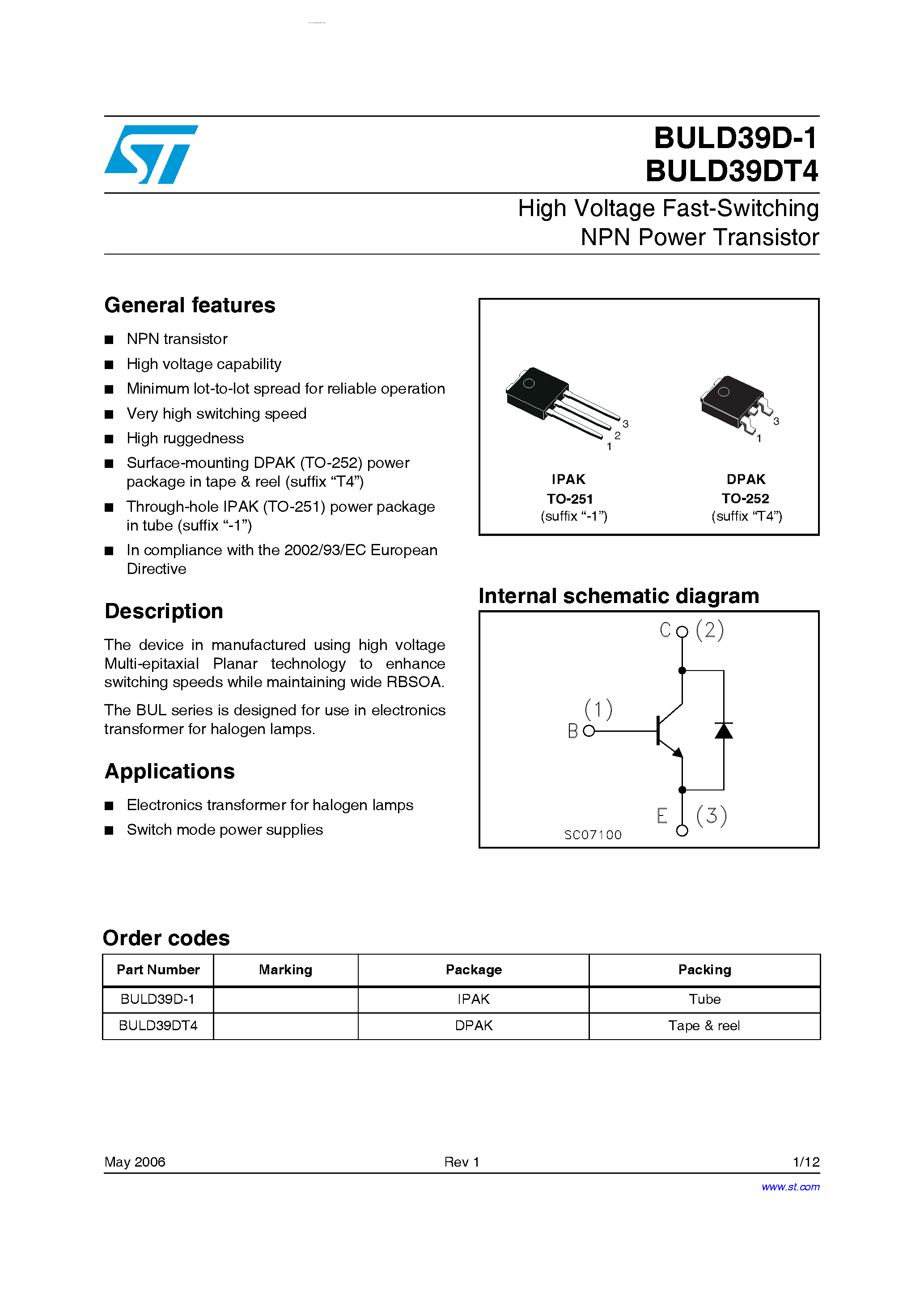 Datasheet BULD39D-1 - (BULD39D-1 / BULD39DT4) High Voltage Fast-Switching NPN Power Transistor page 1