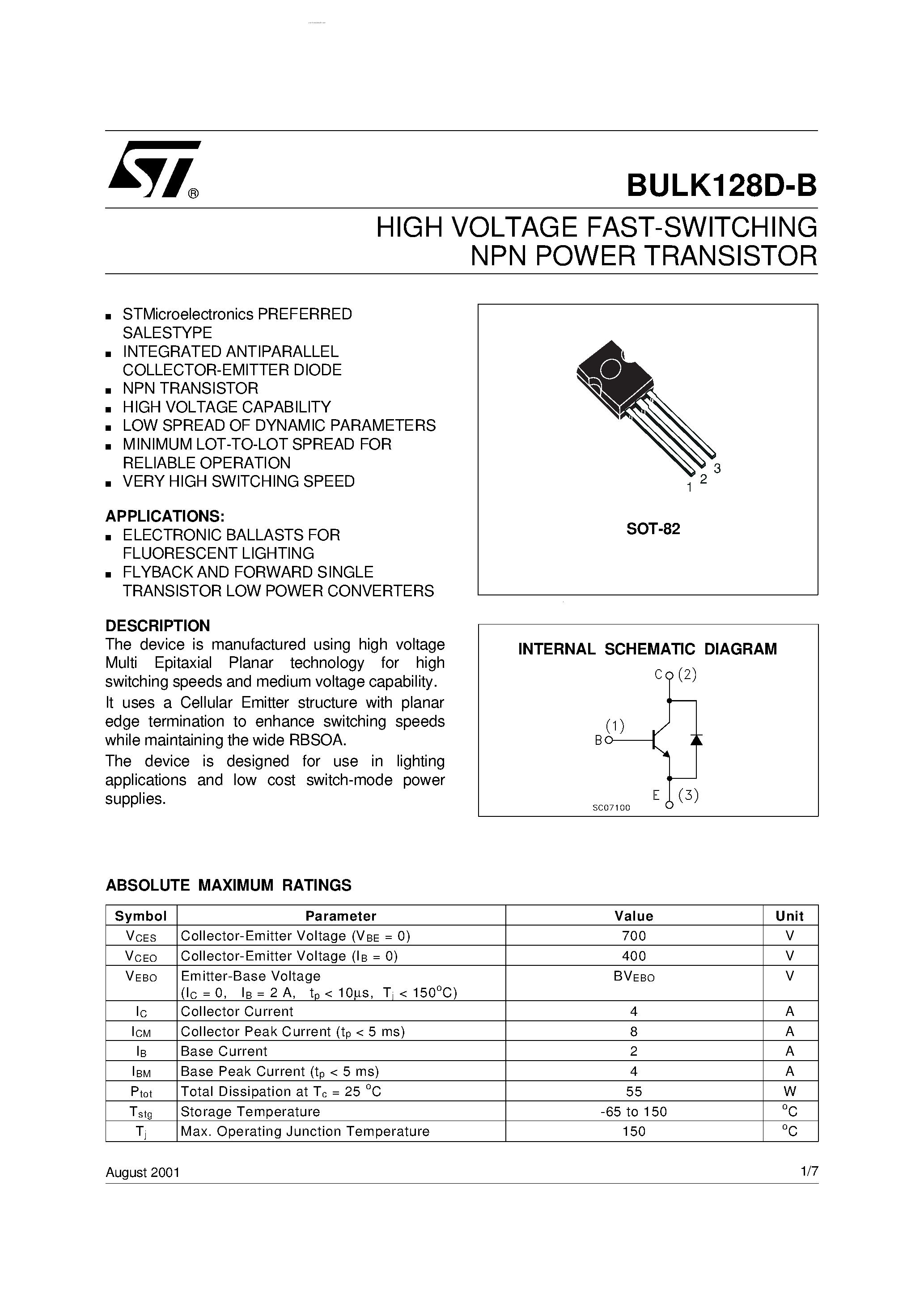 Datasheet BULK128D-B - HIGH VOLTAGE FAST-SWITCHING NPN POWER TRANSISTOR page 1