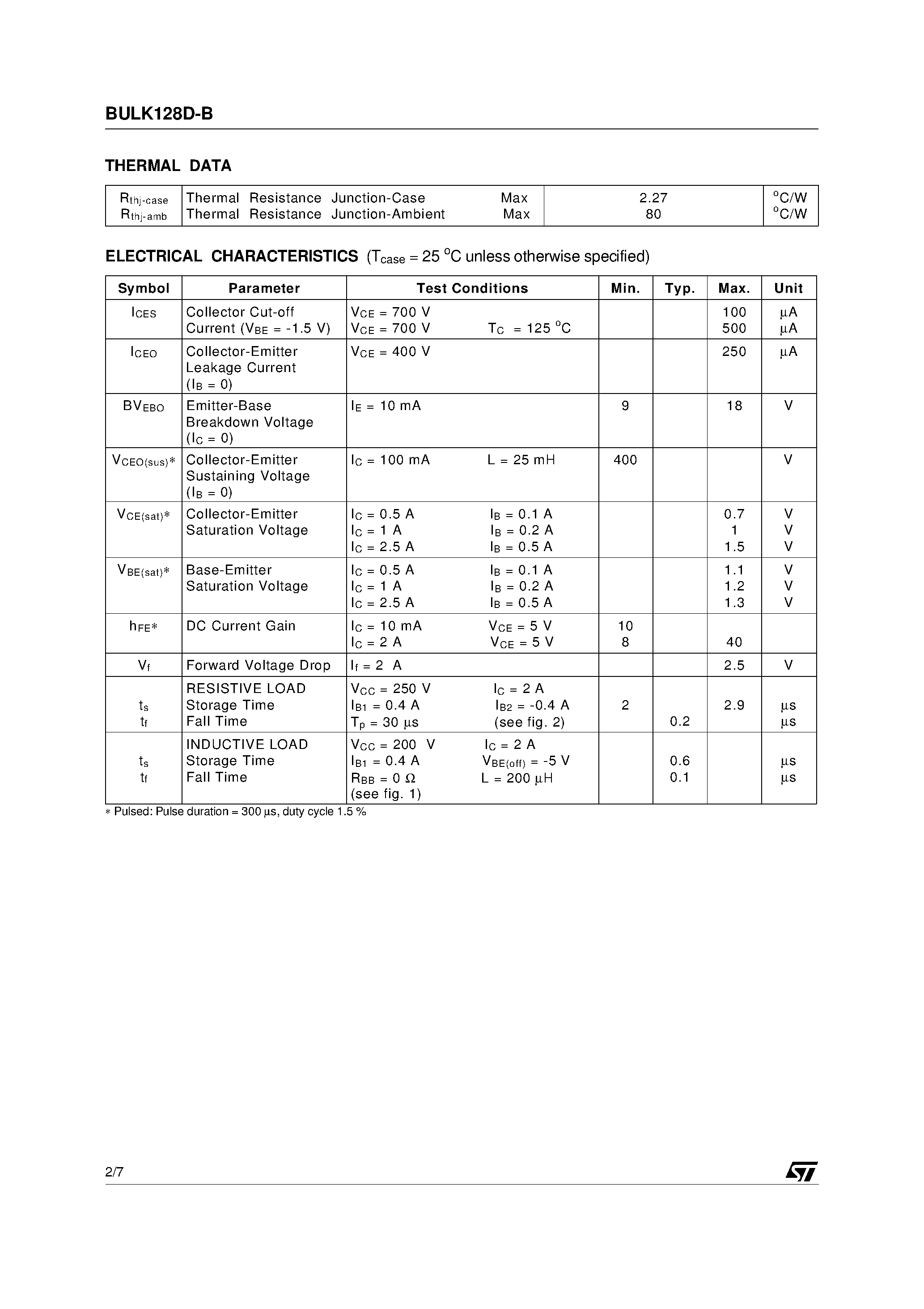 Datasheet BULK128D-B - HIGH VOLTAGE FAST-SWITCHING NPN POWER TRANSISTOR page 2