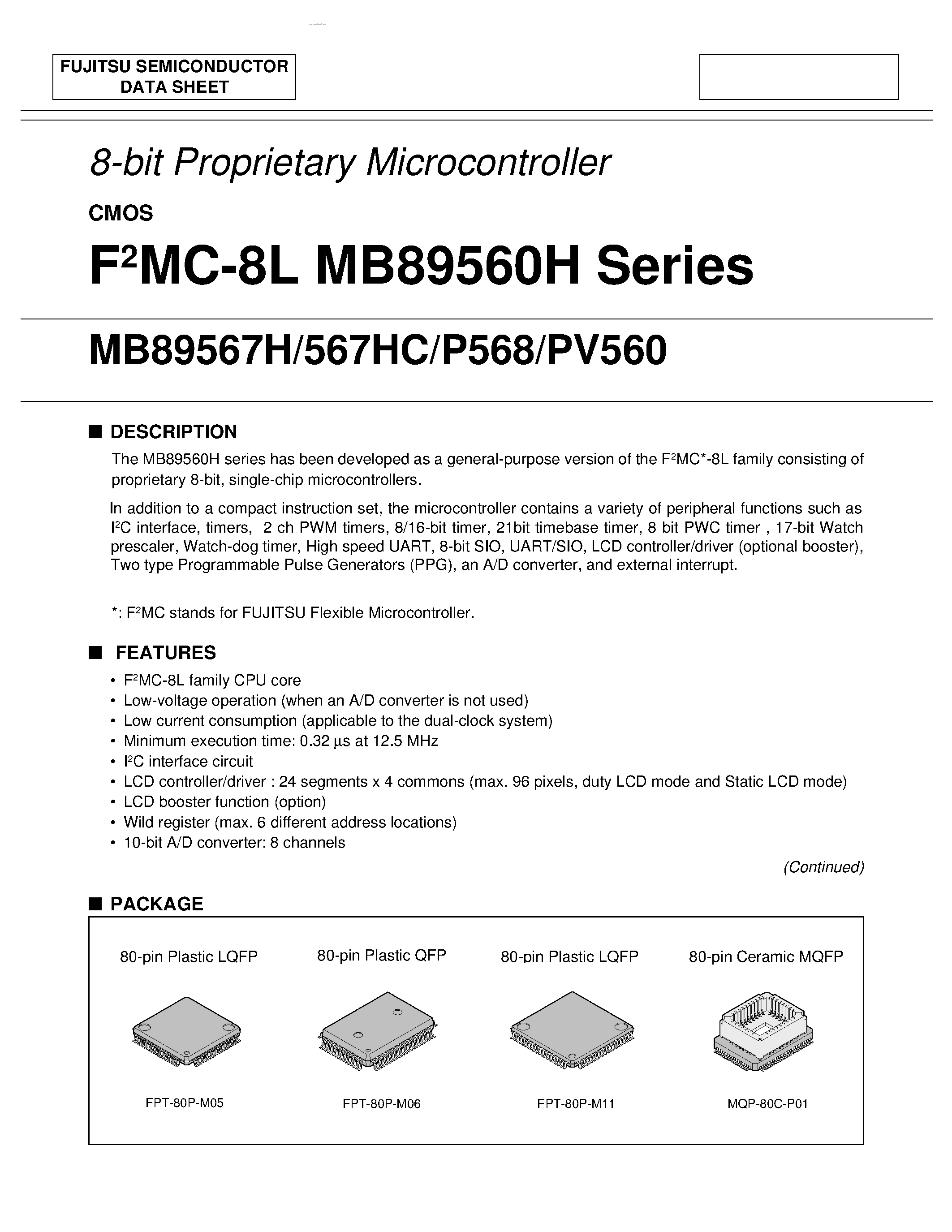 Datasheet MB89560H - (MB89560H Series) 8-bit Proprietary Microcontroller CMOS page 1