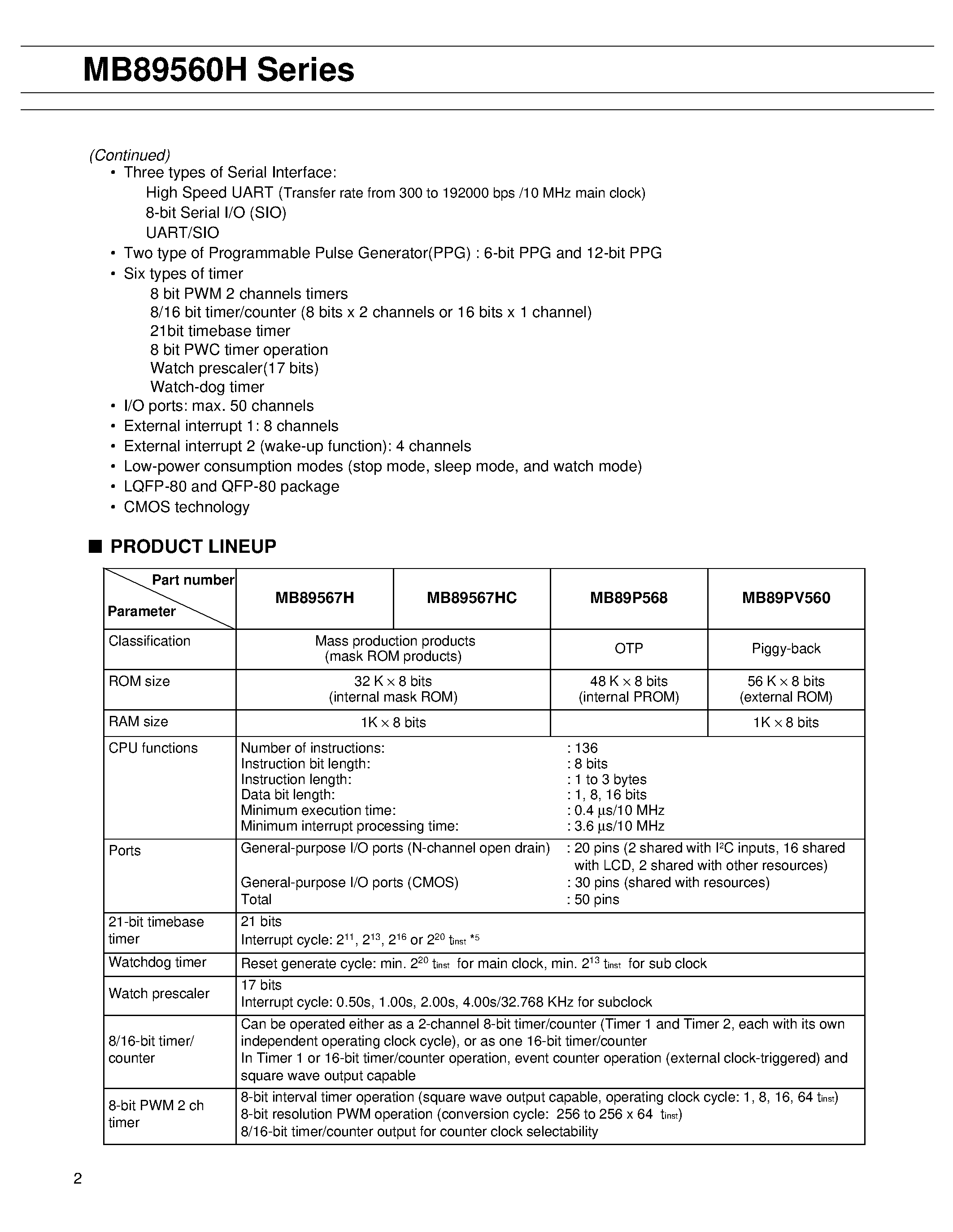 Datasheet MB89560H - (MB89560H Series) 8-bit Proprietary Microcontroller CMOS page 2