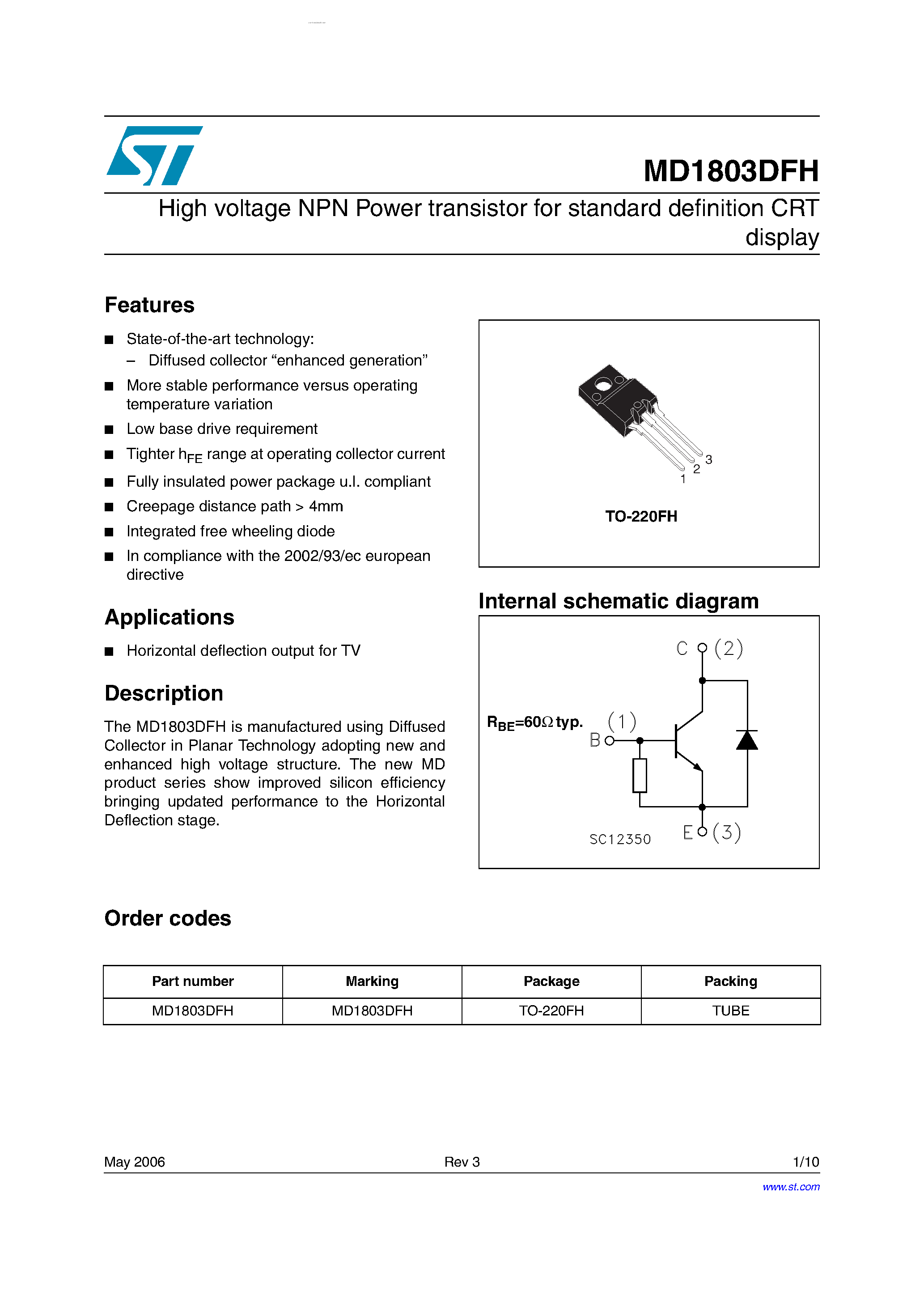 Даташит на микросхему MD1803DFH страница 1 Даташит MD1803DFH - High voltage NPN Power transistor страница 1