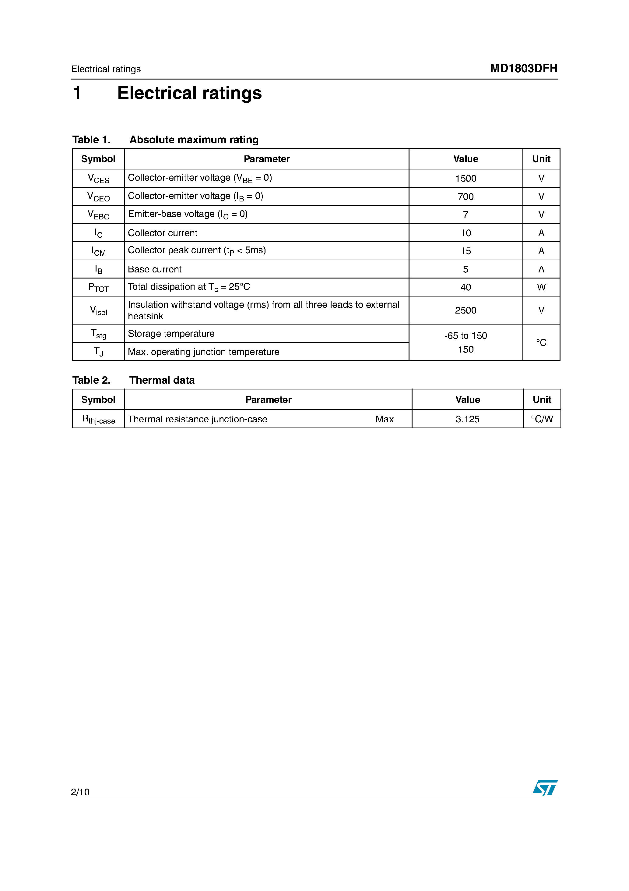 Даташит на микросхему MD1803DFH страница 2 Даташит MD1803DFH - High voltage NPN Power transistor страница 2