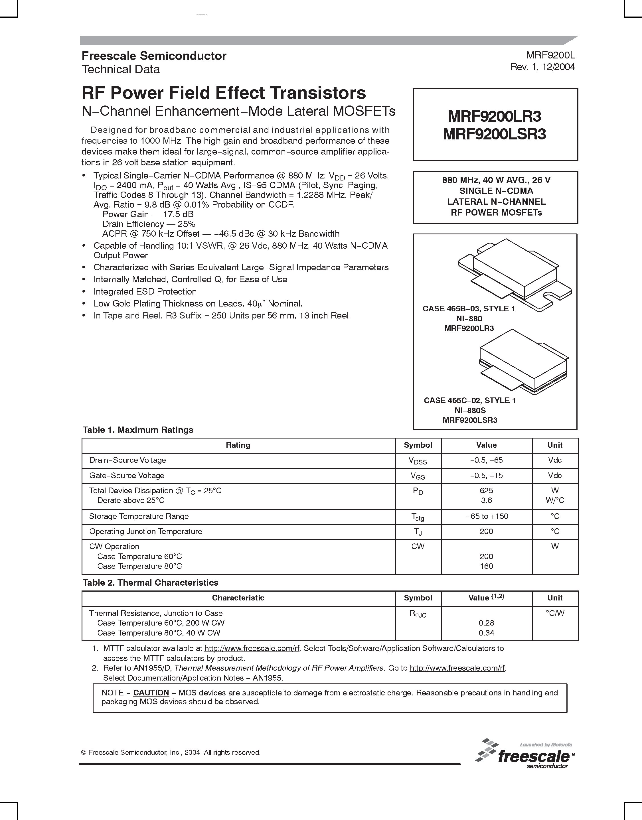 Datasheet MRF9200LR3 - N-Channel Enhancement-Mode Lateral MOSFETs page 1