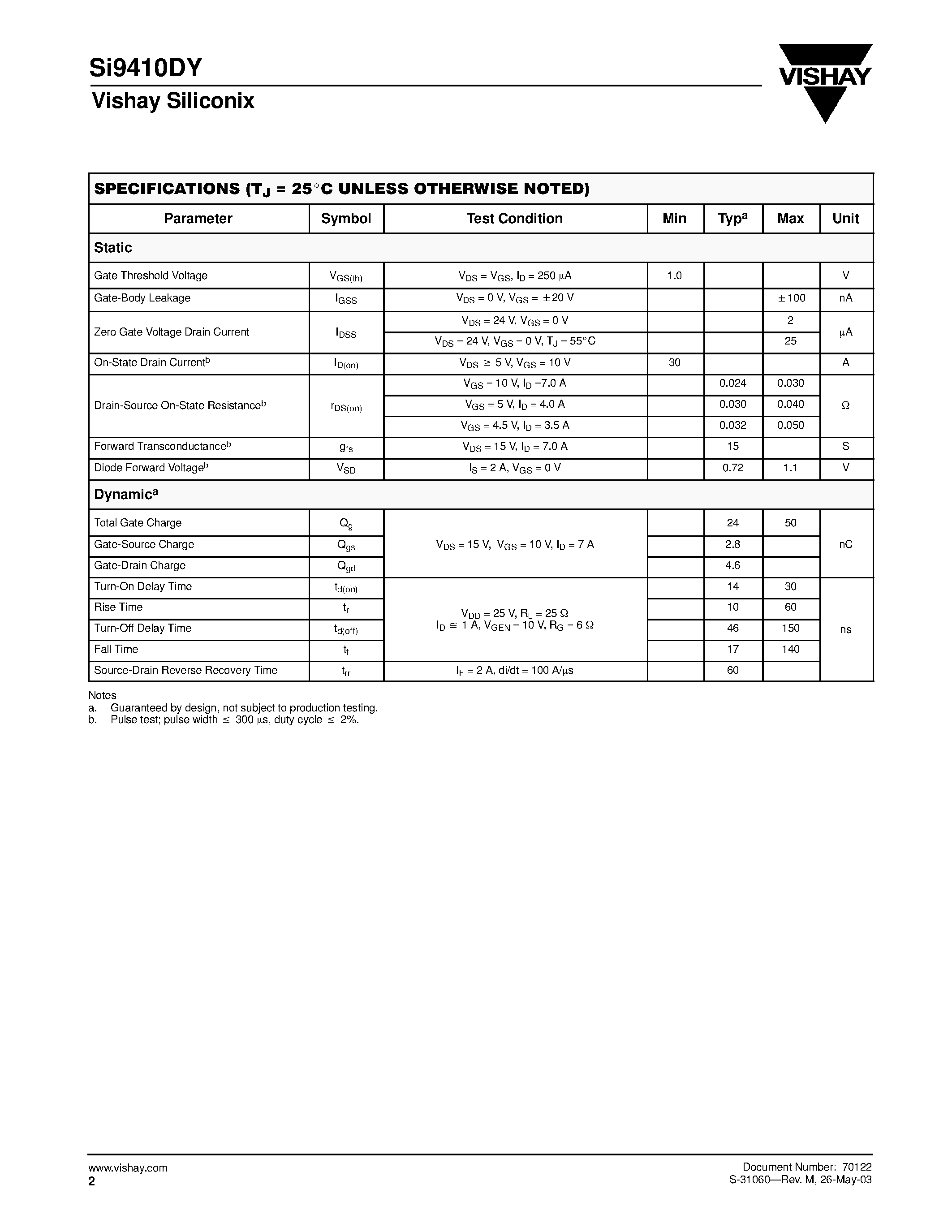 Даташит SI9410DY - N-Channel 30-V (D-S) MOSFET страница 2