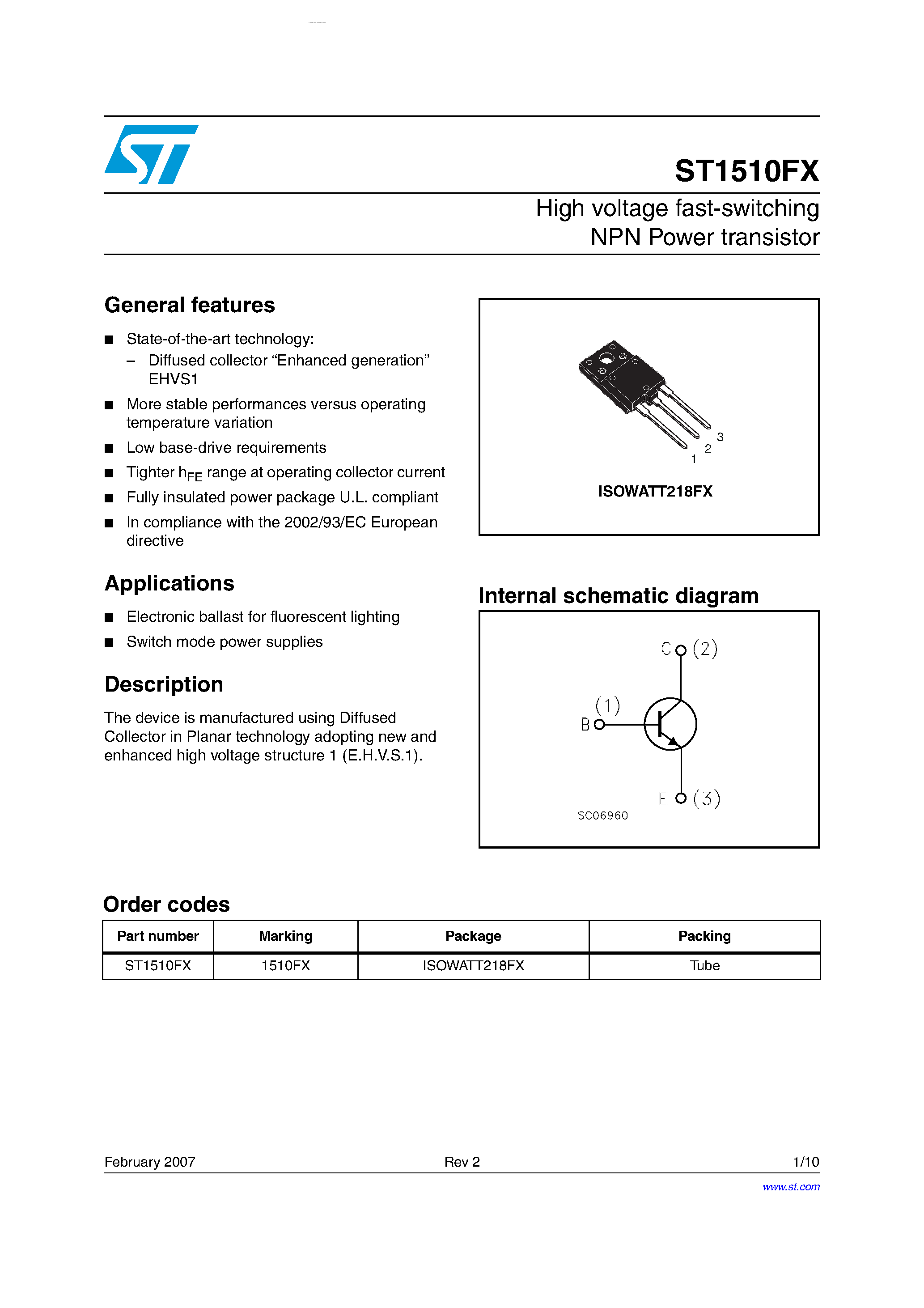 Даташит на микросхему ST1510FX страница 1 Даташит ST1510FX - High voltage fast-switching NPN Power transistor страница 1