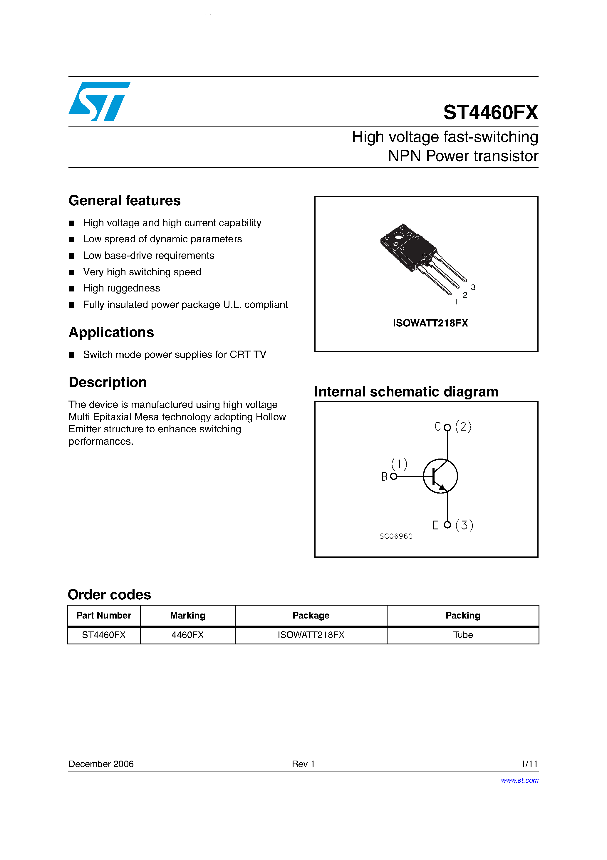 Даташит ST4460FX - High voltage fast-switching NPN Power transistor страница 1