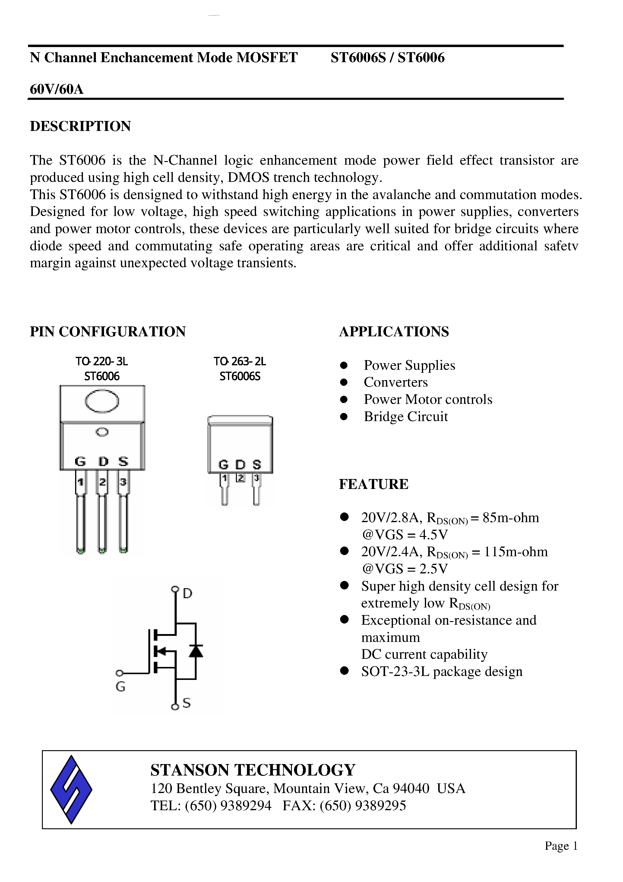 Даташит ST6006 - N Channel Enchancement Mode MOSFET страница 1