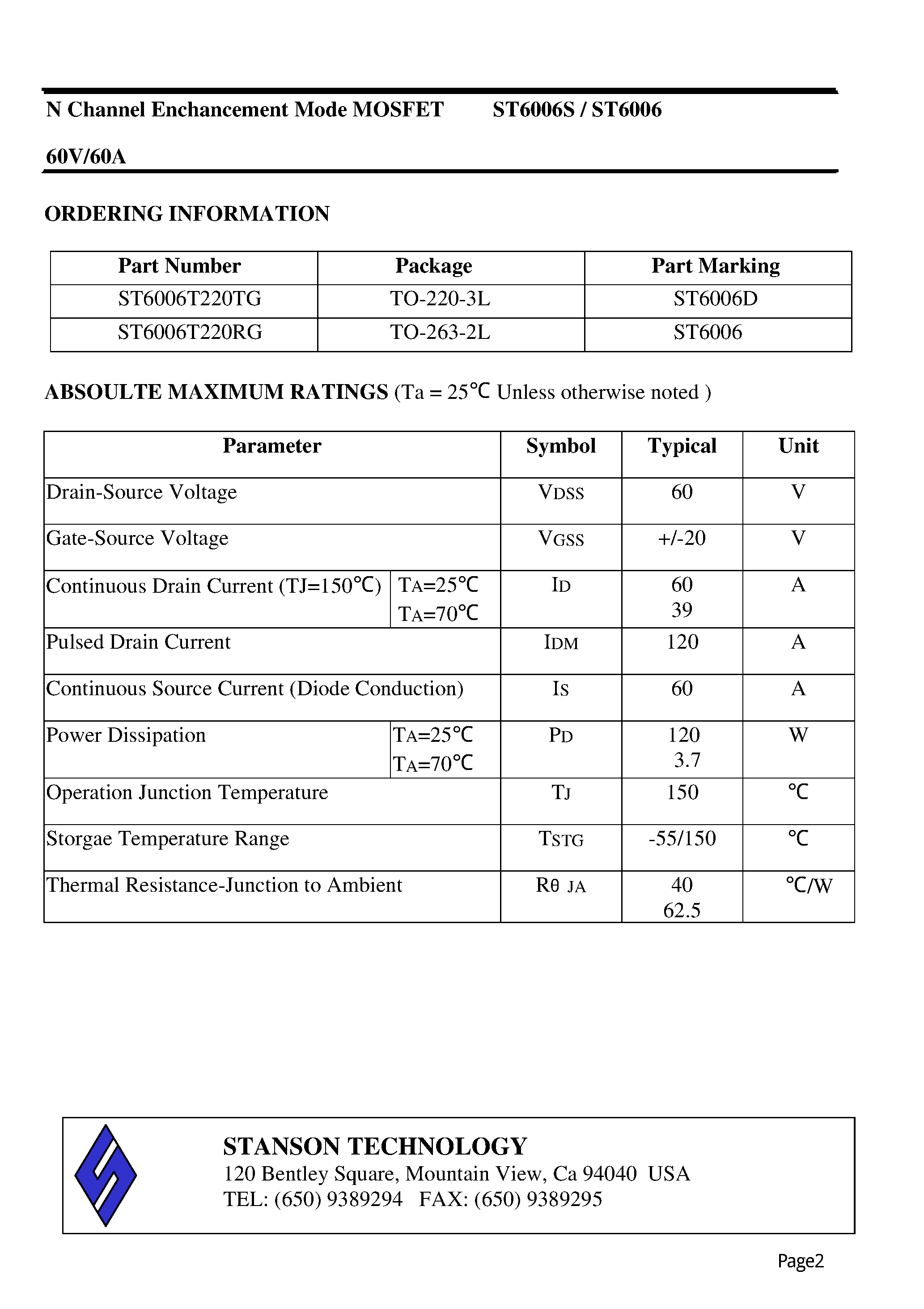 Даташит ST6006 - N Channel Enchancement Mode MOSFET страница 2