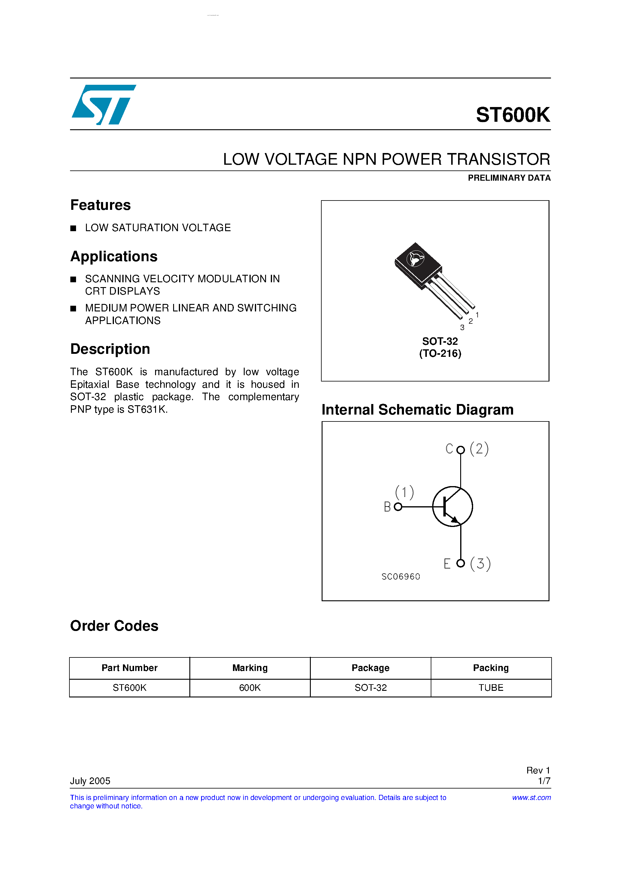 Даташит на микросхему ST600K страница 1 Даташит ST600K - LOW VOLTAGE NPN POWER TRANSISTOR страница 1